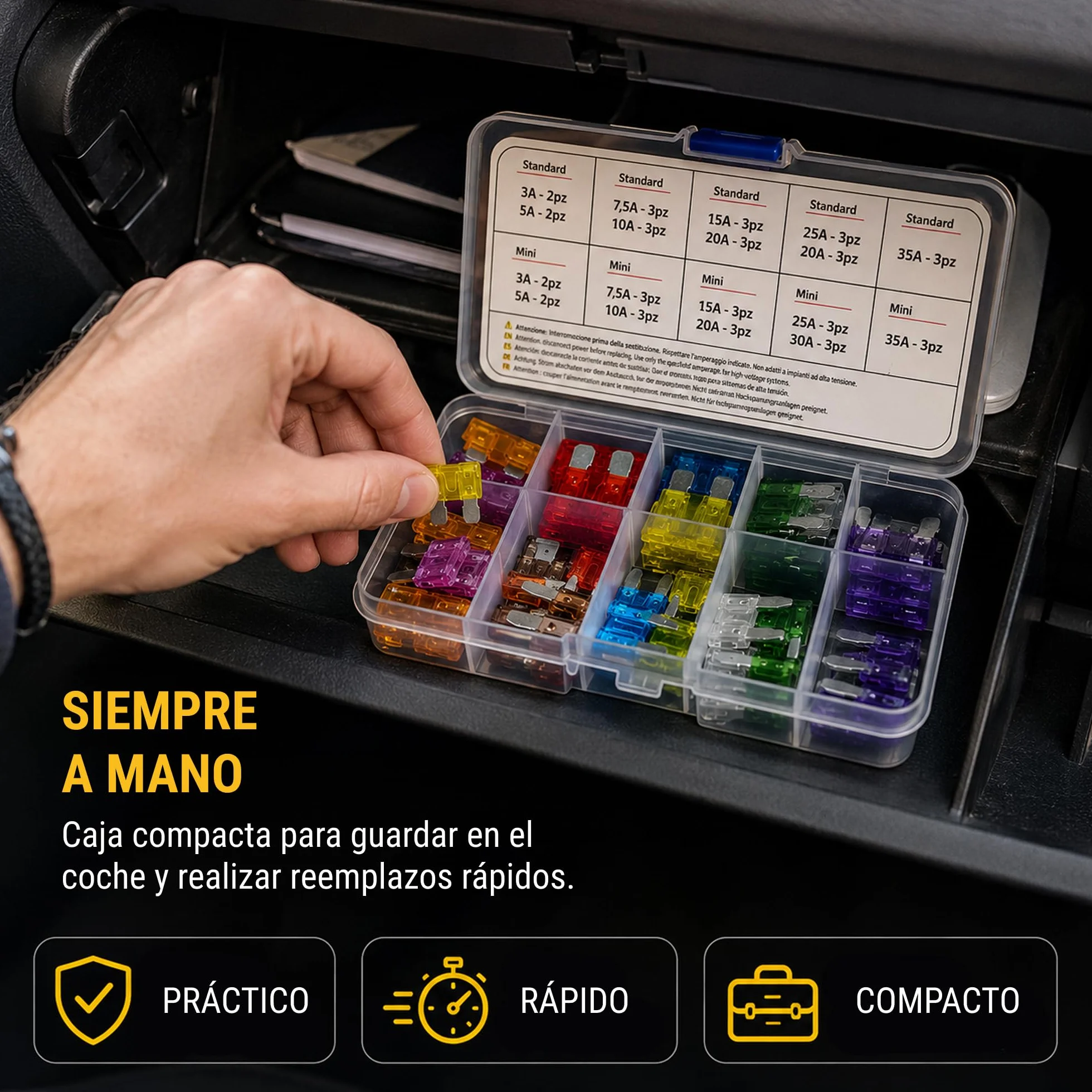 Fusibles de Cuchilla Tipo Europeo Kit 50 Piezas Surtido Mini y Estándar 3A-35A 12V 24V