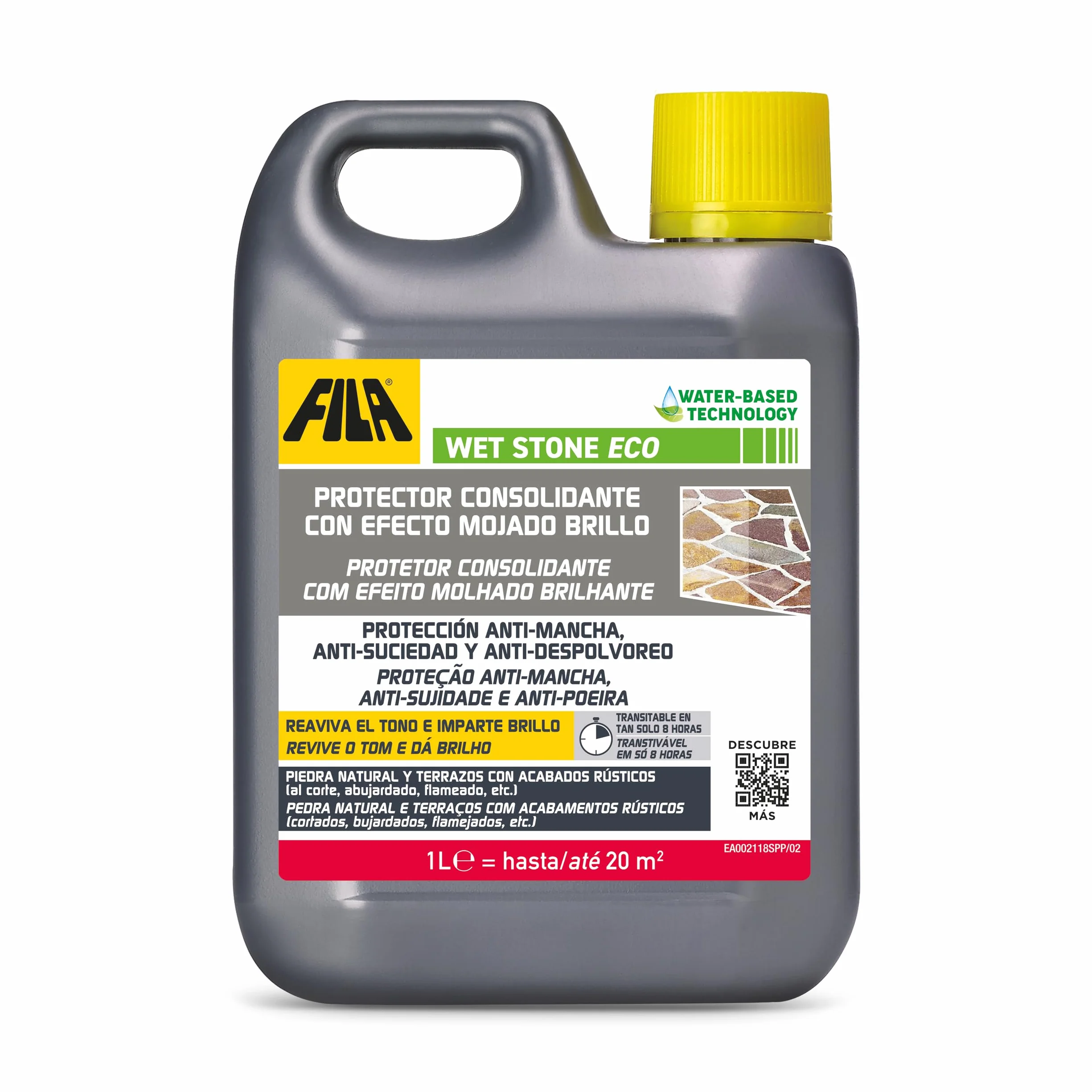 FILA Surface Care Solutions, WET STONE ECO, Protector de Piedras Naturales a Efecto Mojado, Hidrofugante Piedra, Repelente de Manchas y Suciedad,Suelos Interiores y Exteriores, Base Acuosa, 1L