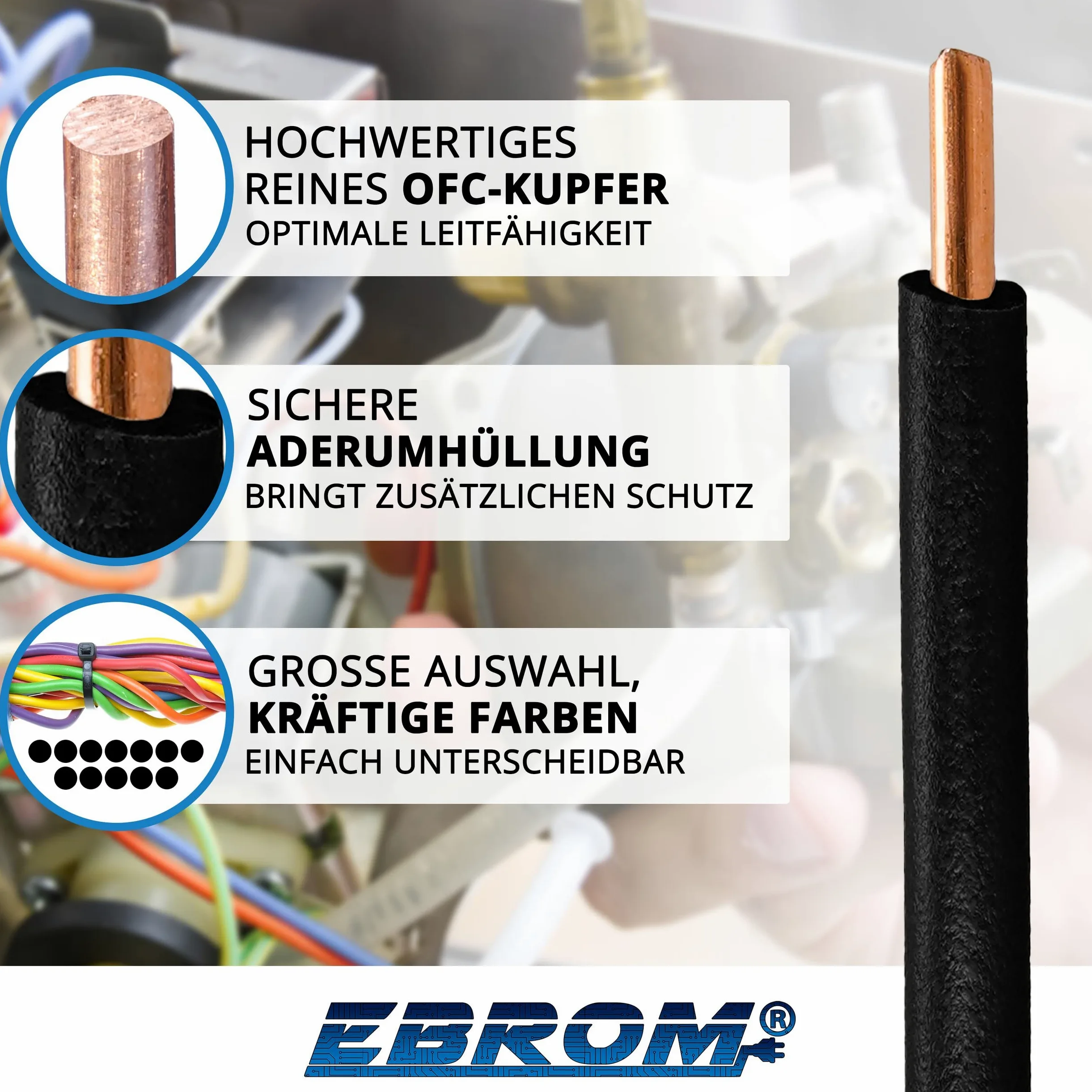 EBROM Cable de PVC Rígido H07V-U 2,5 mm² - Negro - Longitudes de 10 a 100 Metros - Seleccionada: 50 m