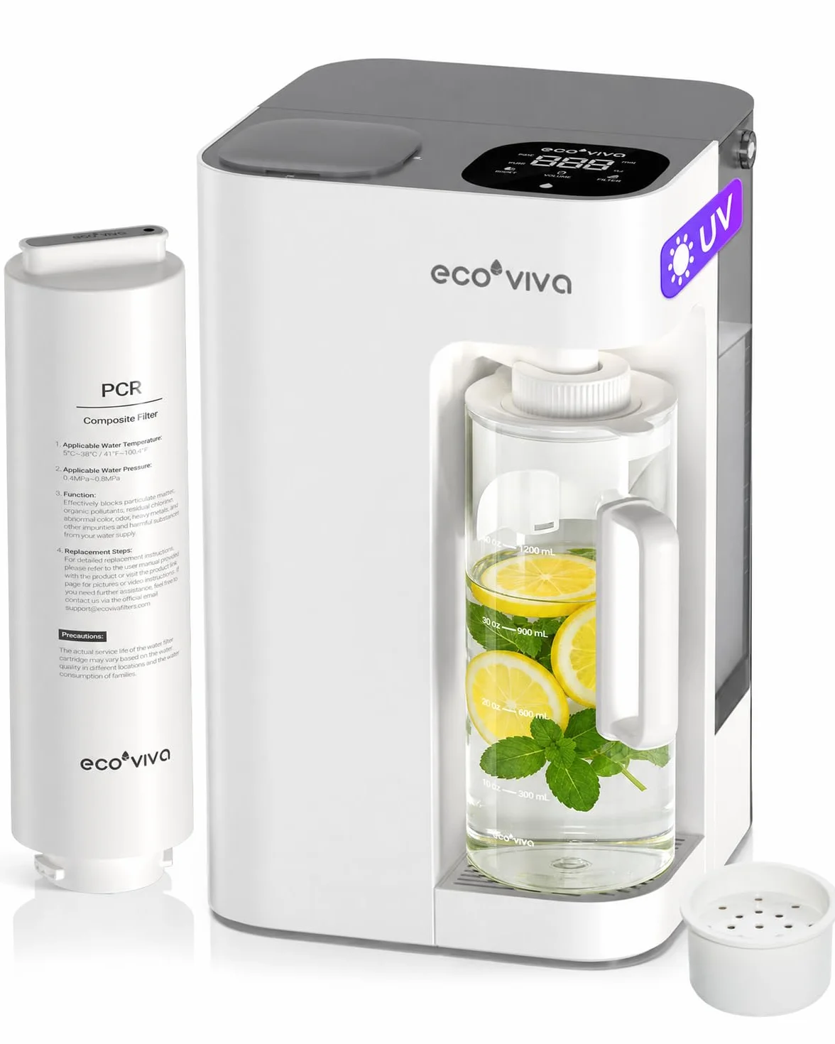 Mate 3 - Filtro de agua de ósmosis inversa UV, 3:1 puro para drenar, jarra inteligente de llenado automático, purificador de agua sin instalación, filtración de agua RO de 8 etapas, con