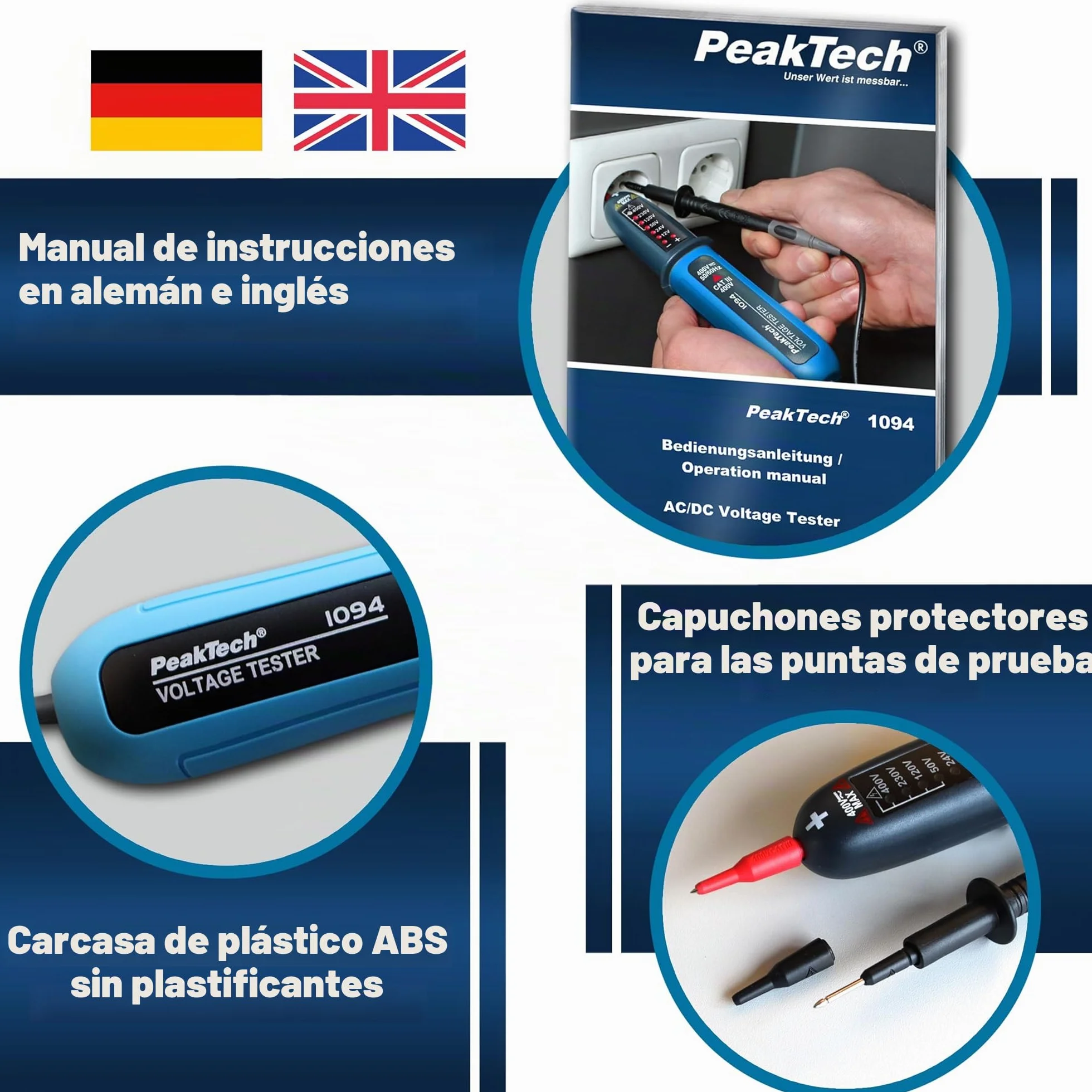 PeakTech P1094 Comprobador de tensión digital bipolar CA/CC 12V-400V Voltímetro con pantalla LED