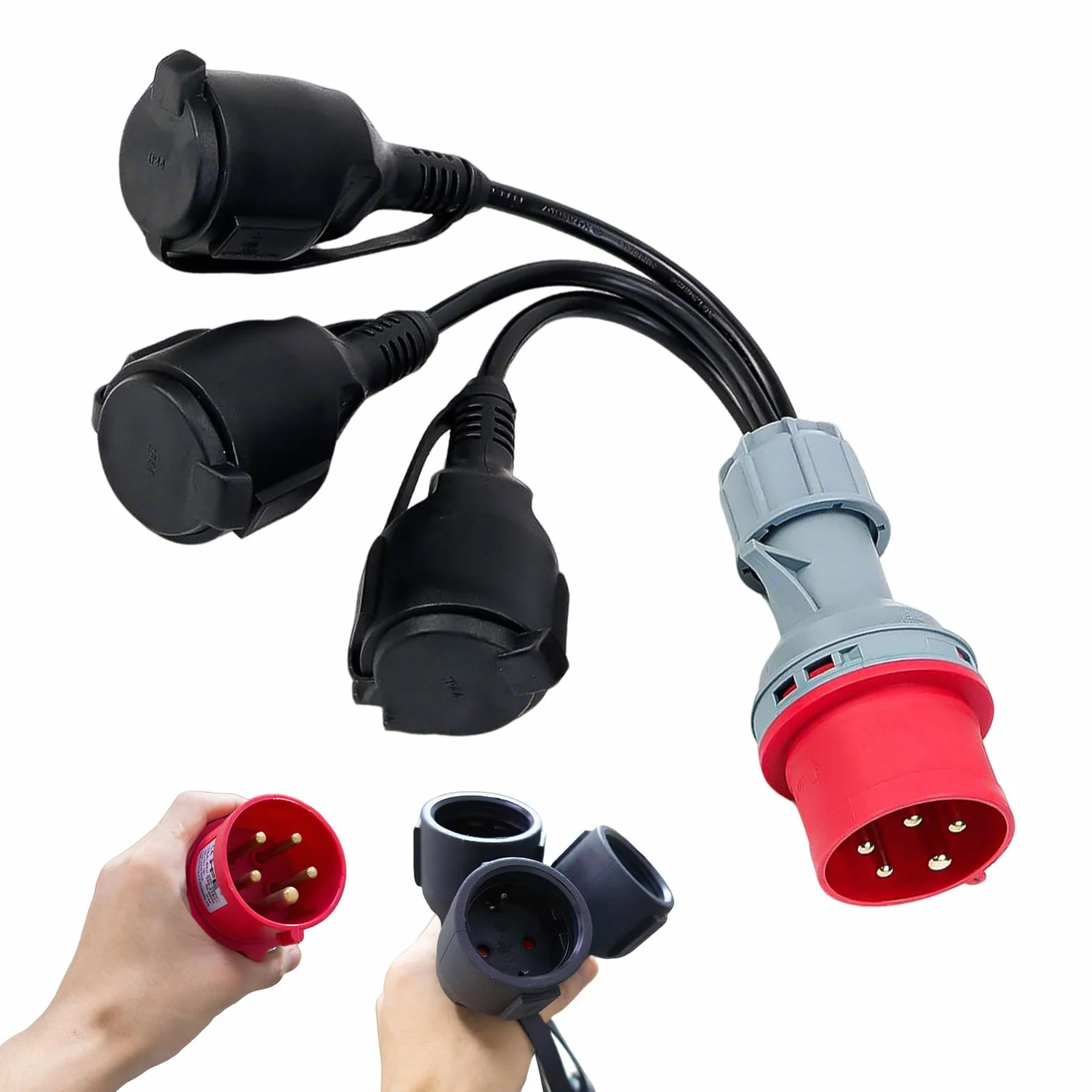 Adaptador CEE, Adaptador Enchufe 16a 400V schuko, 3 x 230 V acoplador, cable enchufe IP44 para camping, con tapa abatible y enchufe de protección de contacto, para conversión de Carga de caravanas