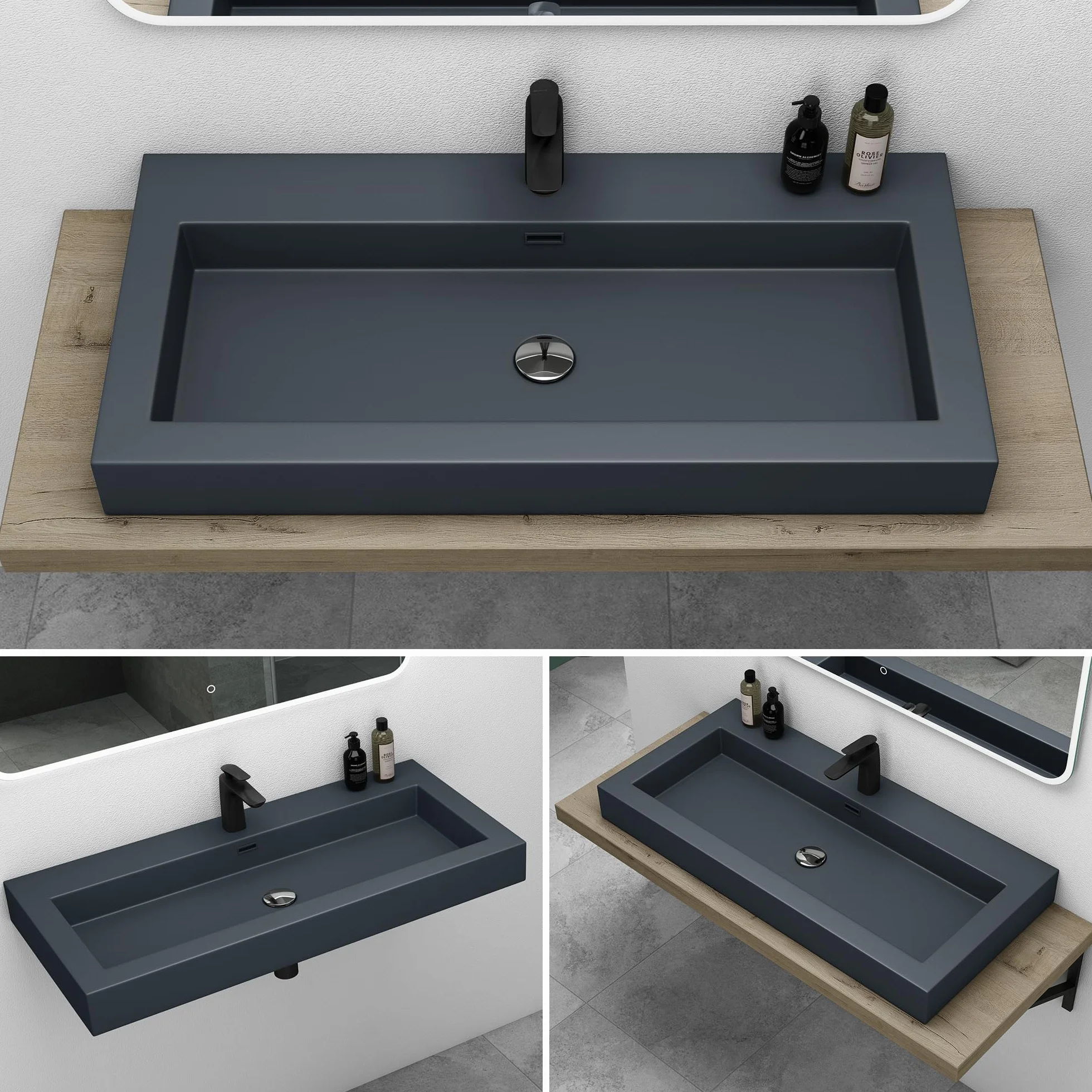 Mai & Mai Lavabo sobre Encimera Baño | Rectangular | Antracita Mate | Mármol Fundido | 60x48x12cm | con Rebosadero y Orificio para Grifo | Colossum18