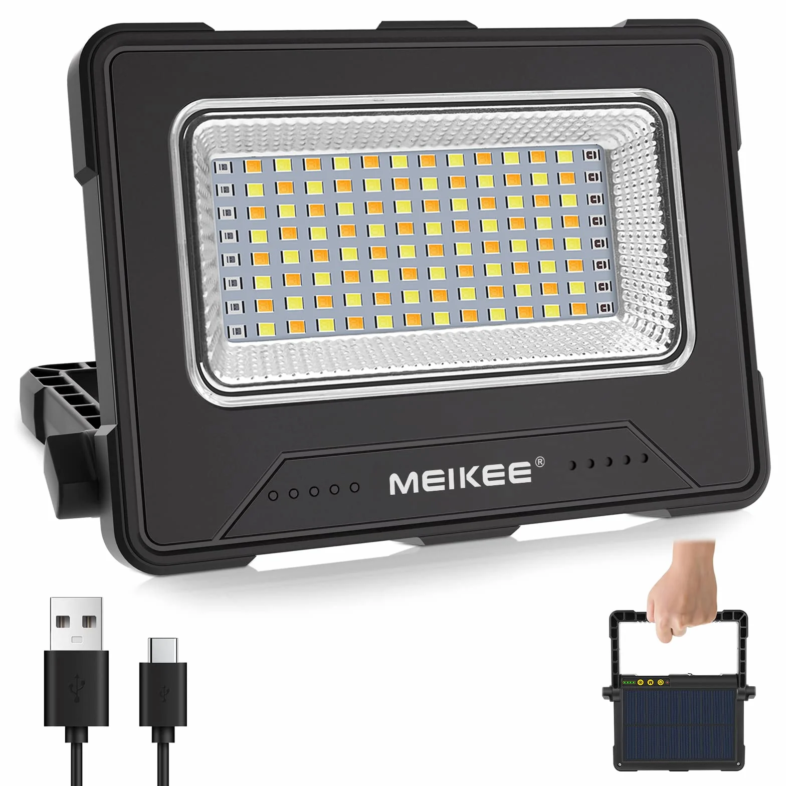 MEIKEE Foco LED Recargable 1000 Lúmenes con Batería 10000mAh, Luz de Trabajo Portátil con 4 Modos/5 Niveles de Brillo, Carga Solar/USB, Soporte Ajustable 180°, Power Bank para Camping/Emergencias