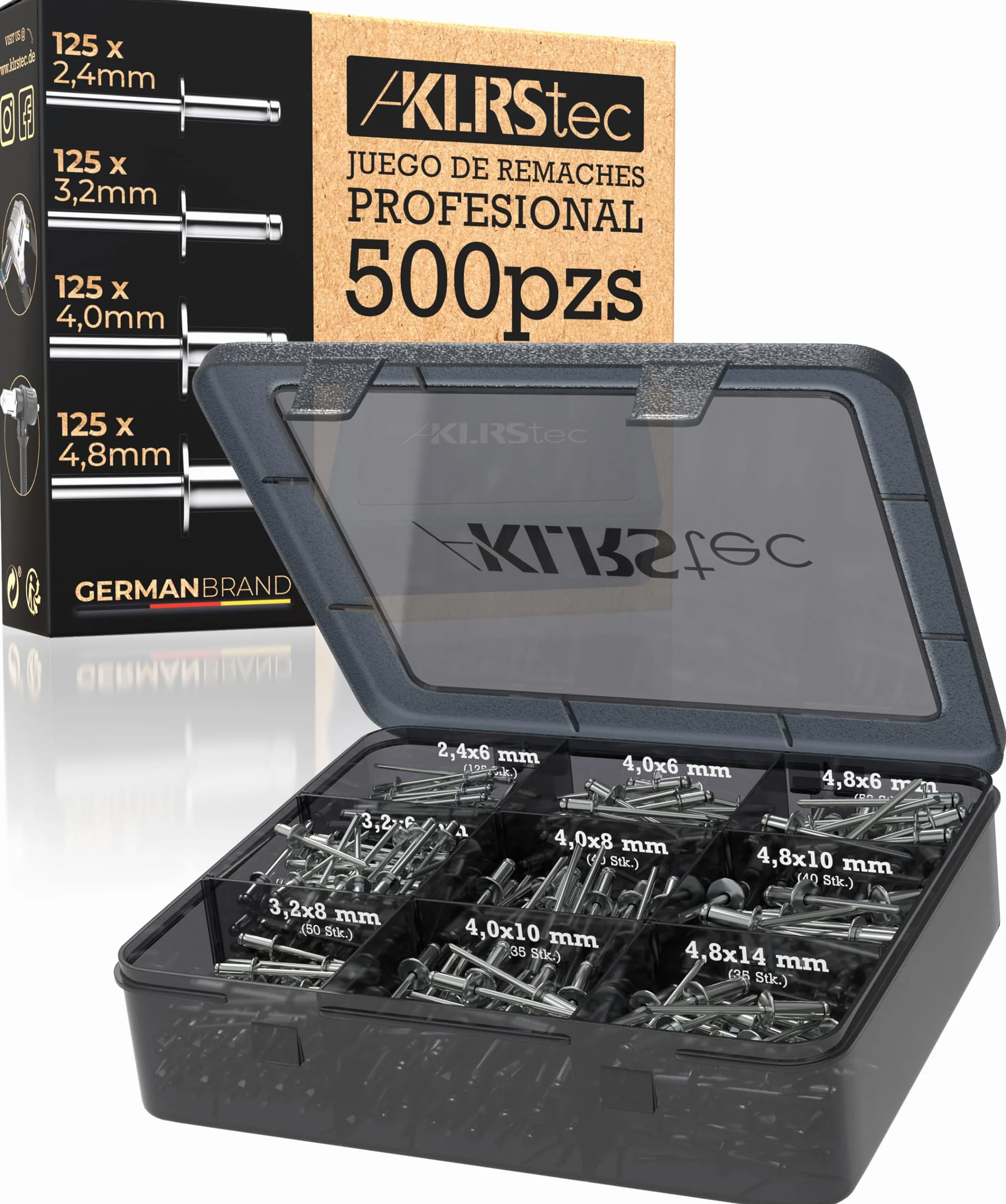KLRStec Profesional Juego de Remaches Ciegos 500 Piezas de Aluminio y Acero para Remachadora – 125 Piezas de Cada Tamaño 2,4 mm, 3,2 mm, 4,0 mm y 4,8 mm