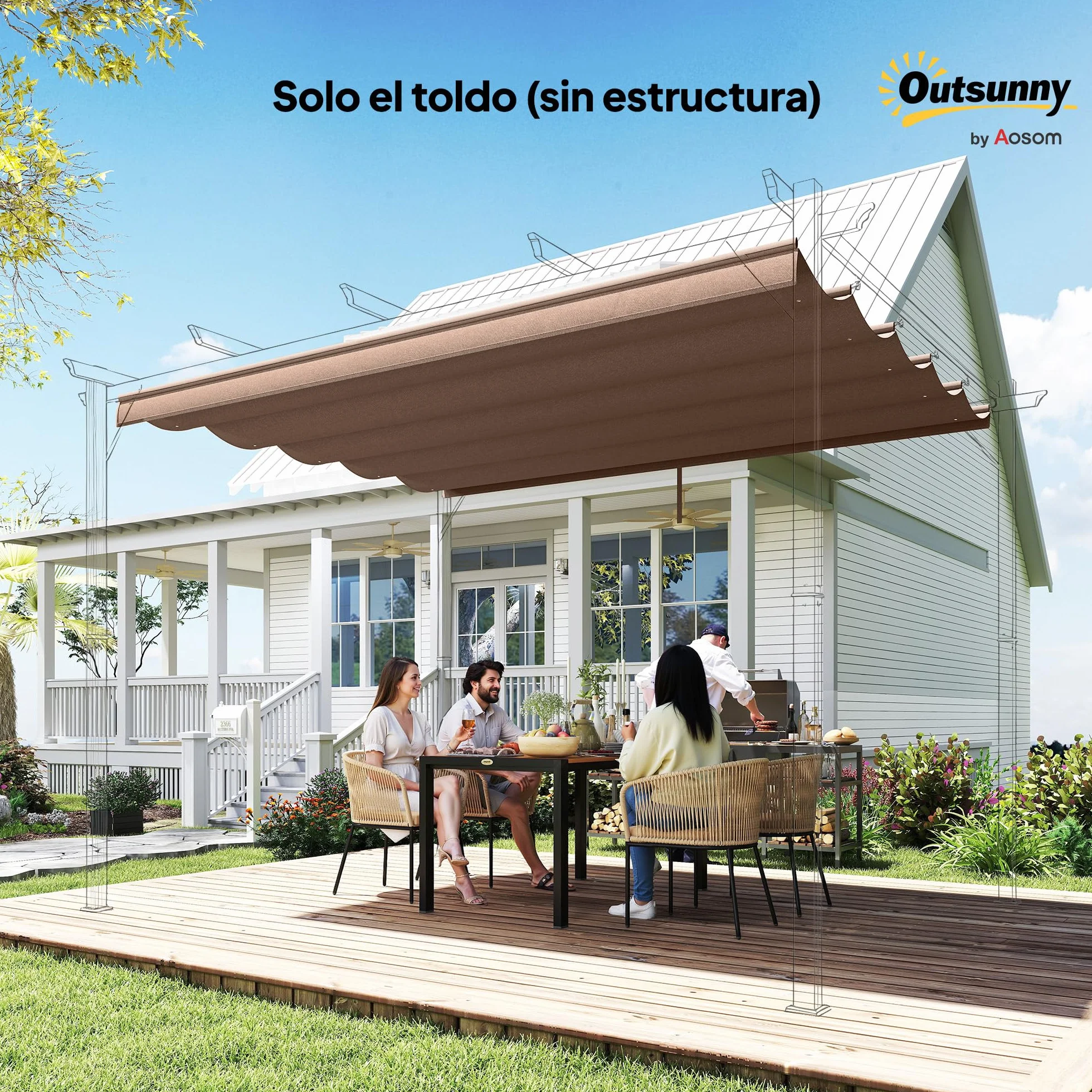 Outsunny Techo de Pérgola 3,5x2,6 m, Repuesto Retráctil UV30+, Toldo Jardín Café