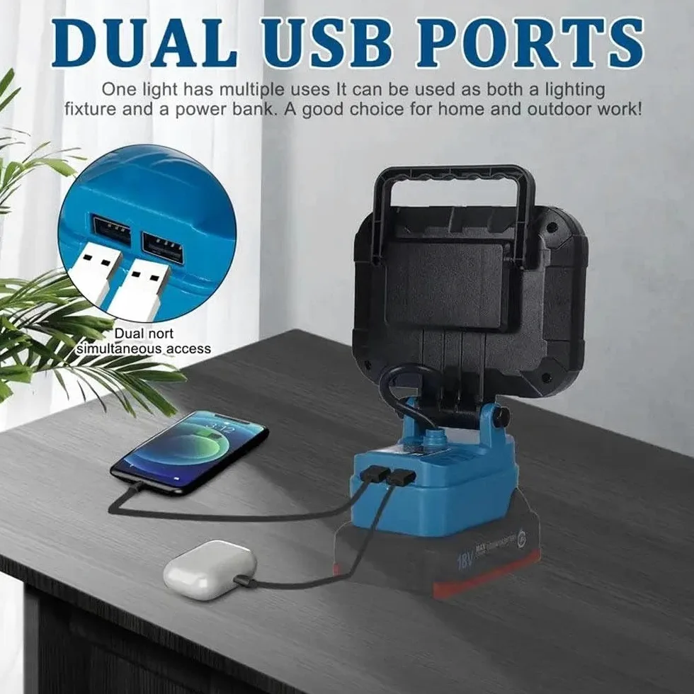 Yaasier Lámpara LED con batería para Makita 18V, Luz de trabajo LED inalámbrica 4800LM Con 2 puerto de carga USB, lampara recargable portatil para jardines, patios traseros, garajes