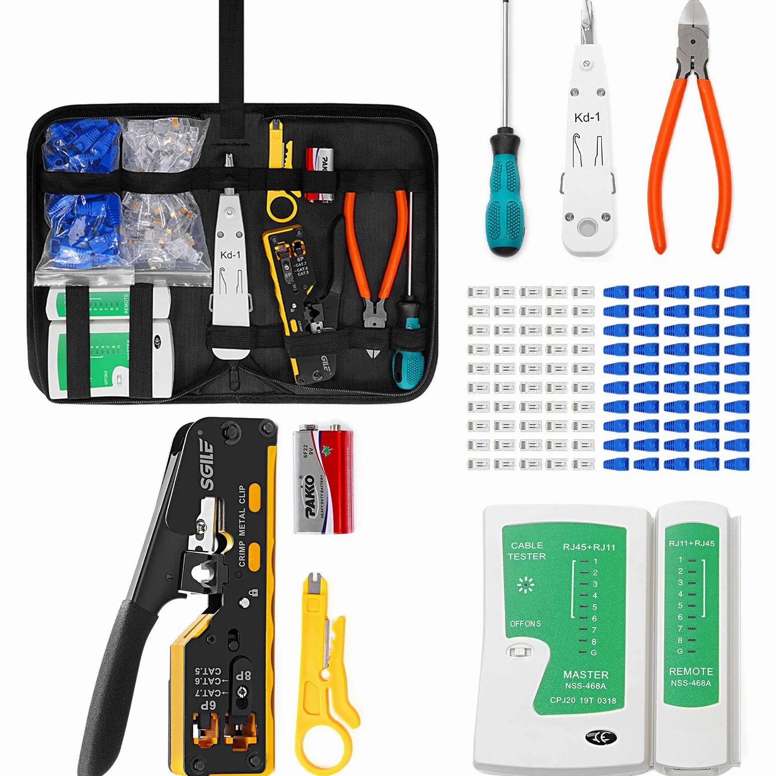 SGILE RJ45 Kit Herramientas Completo de Prensado, Cat5 Cat6 Cat7 Máquina Integrada Multifunción, Juego de Pruebas de Cable LAN de Mantenimiento Informático, 50 Conectores CAT6