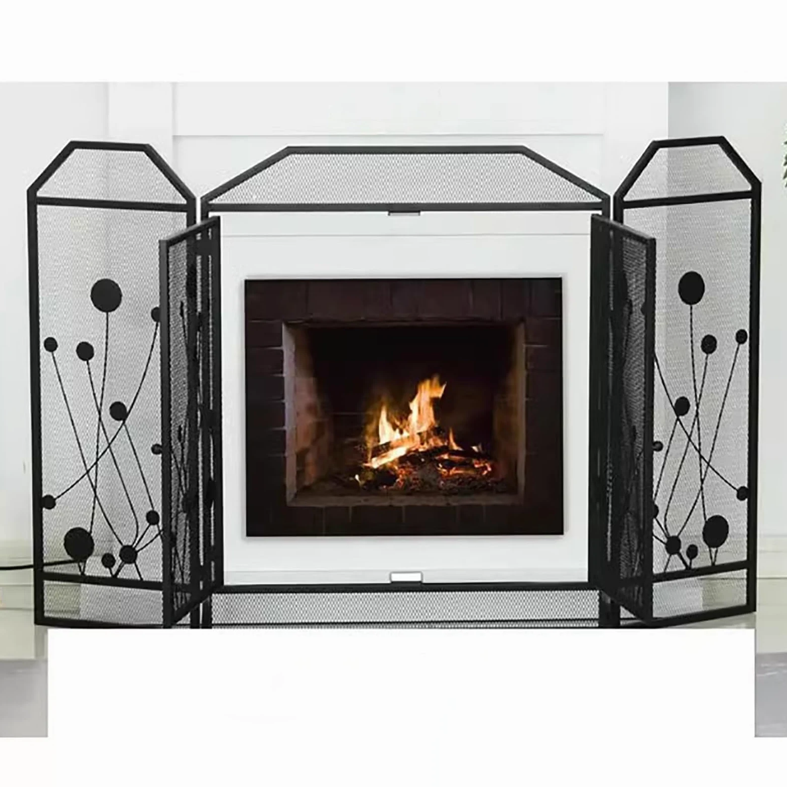 Salvachispas Chimenea Mampara de Chimenea Plegable de 3 Paneles con Puertas Dobles, Malla Protectora Negra para Estufa de Leña para El Hogar, Cubierta Moderna con Bisagras y Puerta a Prueba de Chispas
