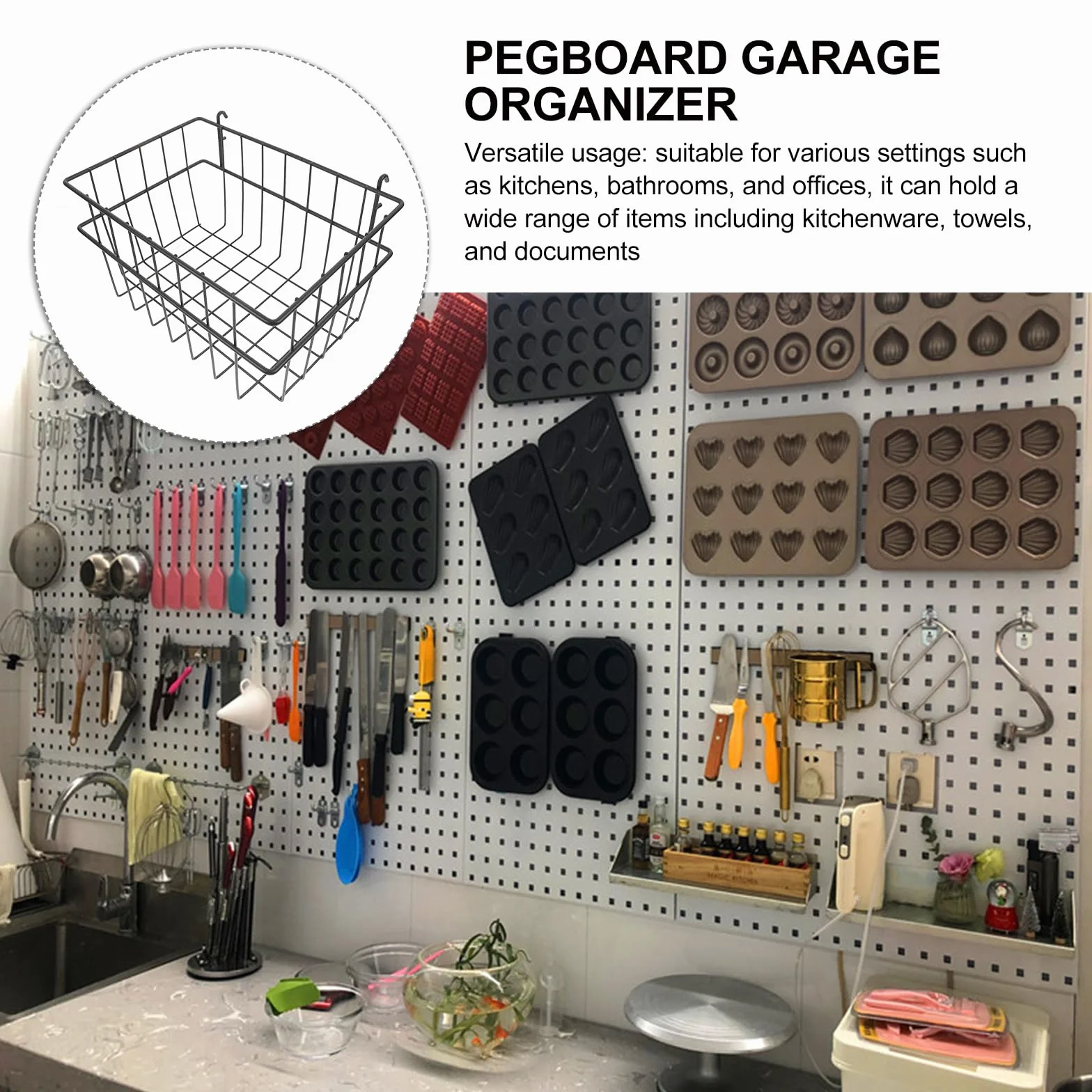 Cestas de Almacenamiento para Panel Perforado sin Taladro Organizador Metálico Negro Grande Cesta de Hierro para Garaje Cocina y Oficina Accesorios para Rack de Pared