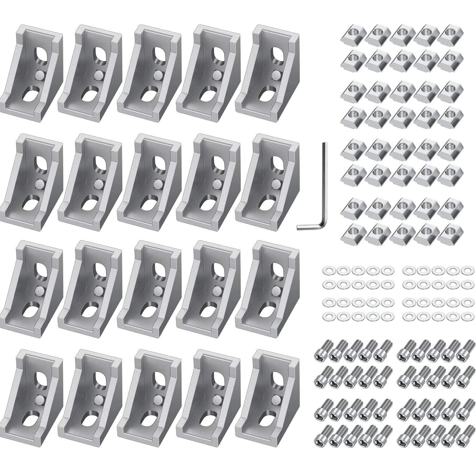 EYPINS Soporte de Esquina Aluminio, 20 PCS Conector de Esquina 90 Grados Recto 2020, Perfil de Extrusión Forma de L con Ranuras de 6mm, con Tornillos Hexagonales M5 y Tuercas en T