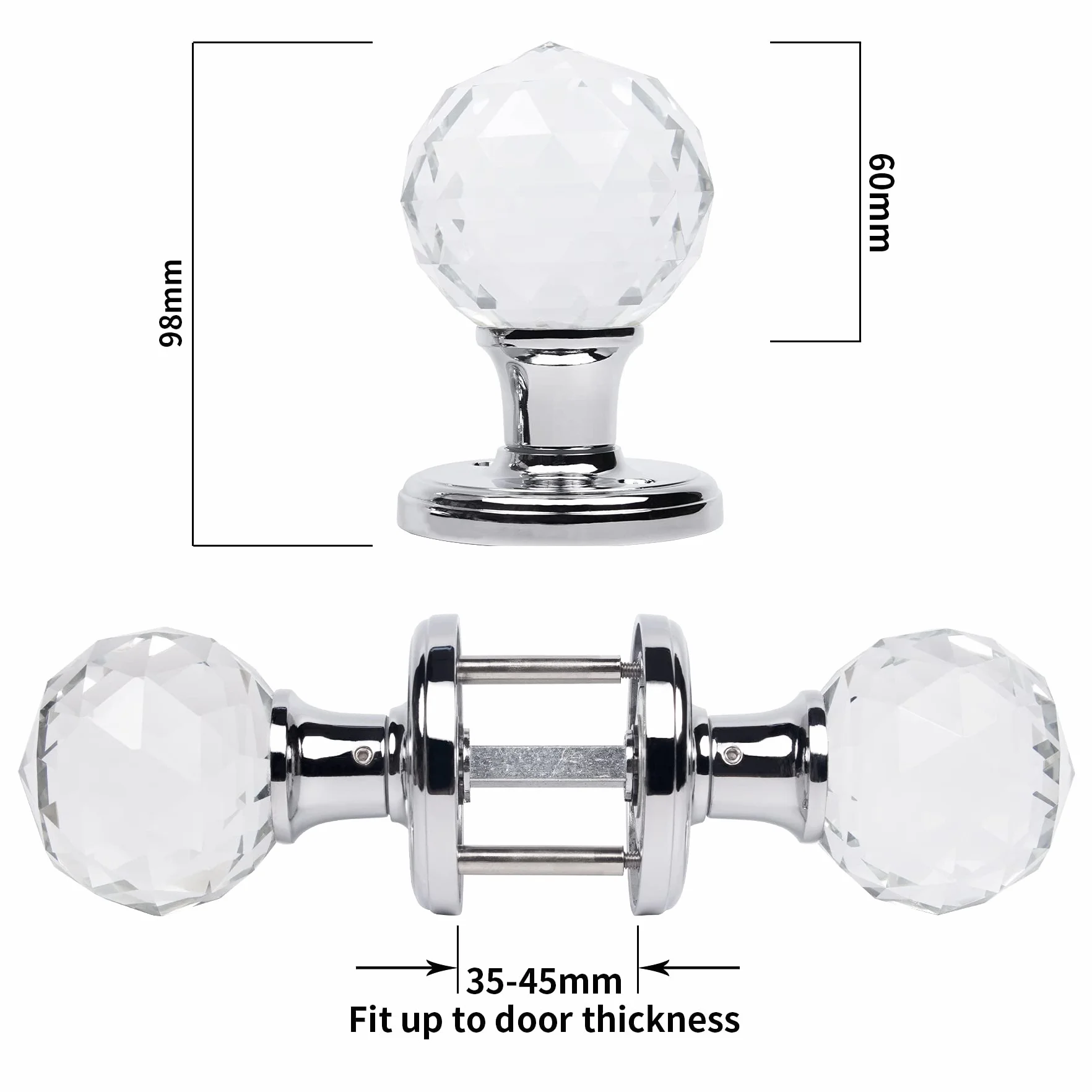 CWOVRS Tiradores de puerta de cristal (1 par), pomos de puerta de cristal sólido de 60 mm, pomos de puerta interiores de cristal con juego de tornillos para dormitorio, baño, sala de estar