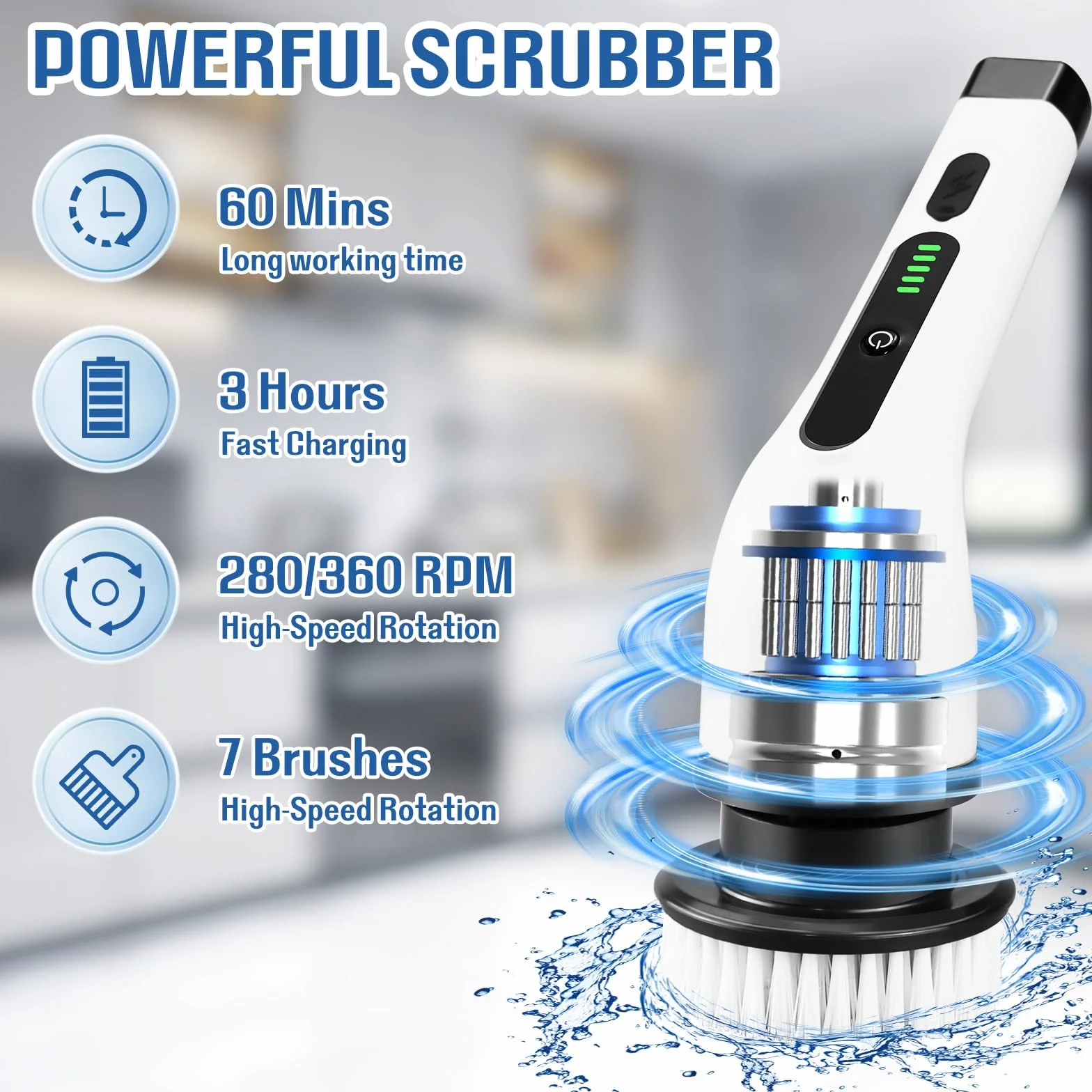 Cepillo Electrico Limpieza Hogar Kit, Escoba Limpieza Fregadora Electrica, con 7 Cabezales de Cepillo de Repuesto, Power Scrubber con Mango Ajustable, para Baño, Suelo de Baldosas, Coche