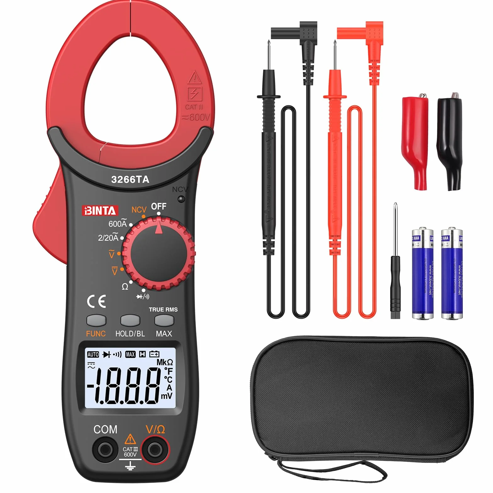 BINTA Pinza Amperimétrica, 600A 2000 Cuentas Pinza Multímetro Digital Profesional NCV TRMS Mide Voltaje CA/CC, Corriente Electricidad, Resistencia, Diodo, Función de Continuidad - con Iluminación