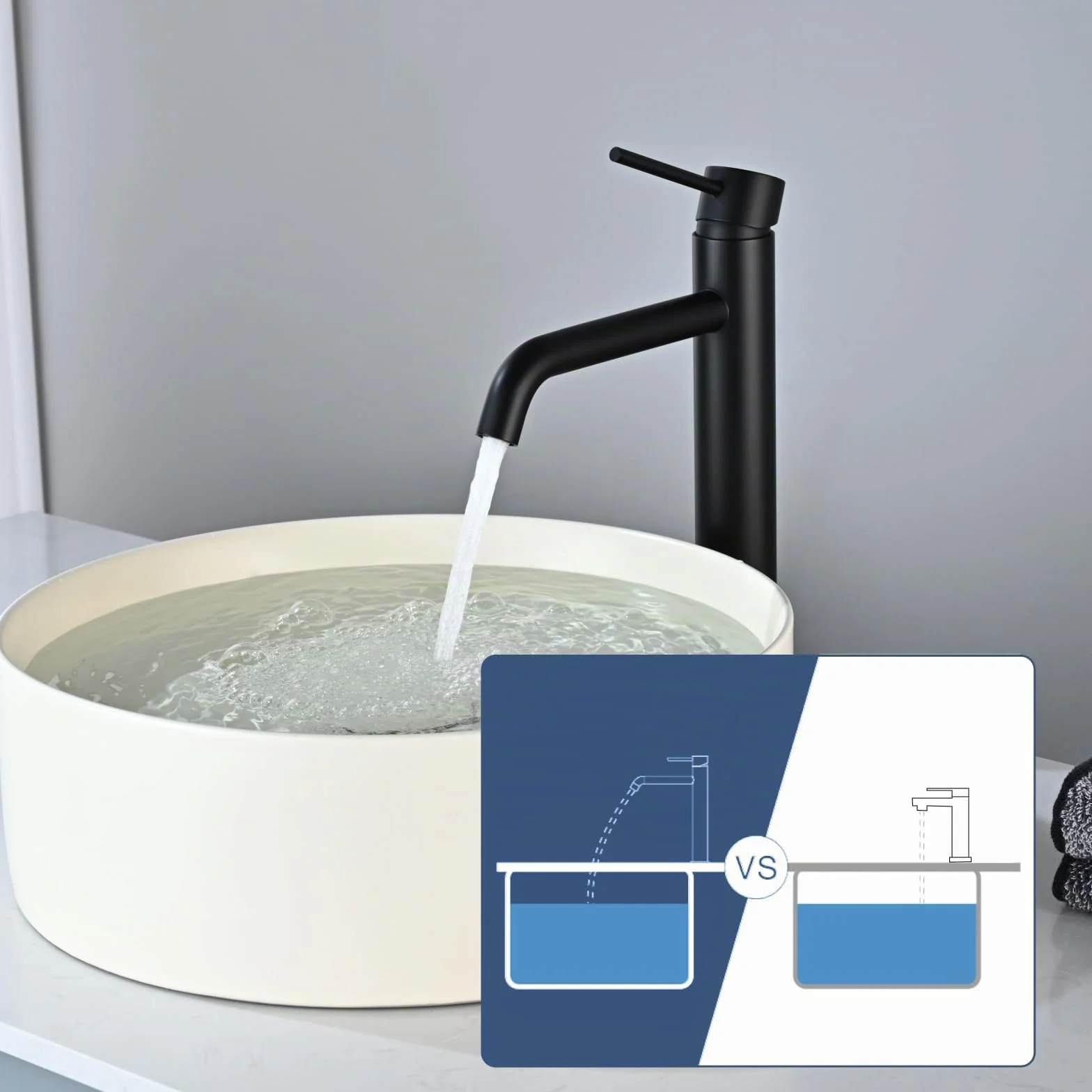 Grifo Lavabo Alto Negro Mate, DETBOM Grifo Monomando Lavabo Agua Fría y Caliente, Grifos para Lavabo de Encimera, Mezclador de Baño de Acero Inoxidable 304, Aireador Extraíble, Altura de Caño 204mm