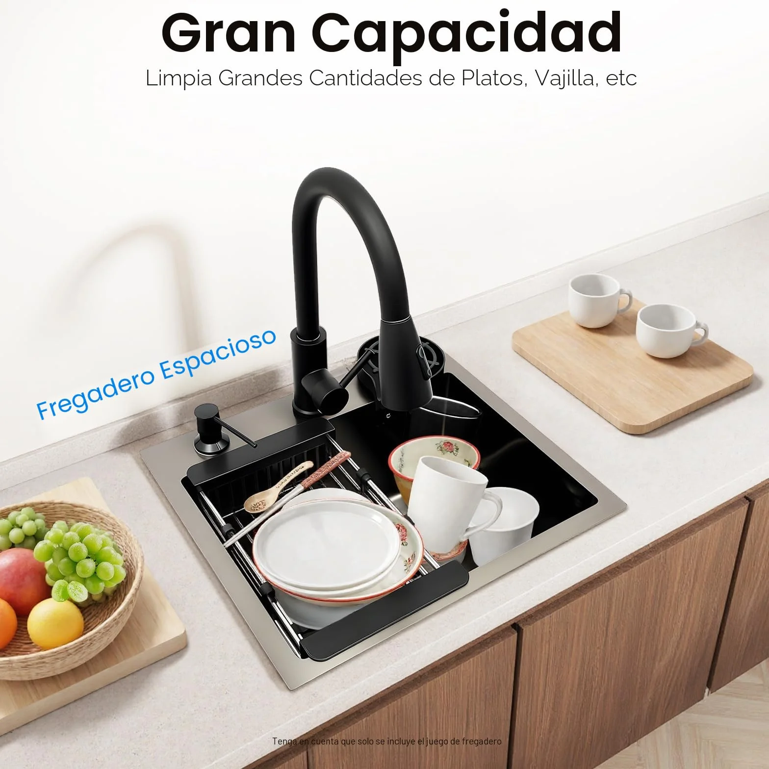 Fregadero de acero inoxidable de 45 x 40 cm, color negro, con grifo extraíble y lavavajillas para tazas, fregadero de cocina multifuncional, 1 lavabo, incluye tubo de drenaje, dispensador de jabón