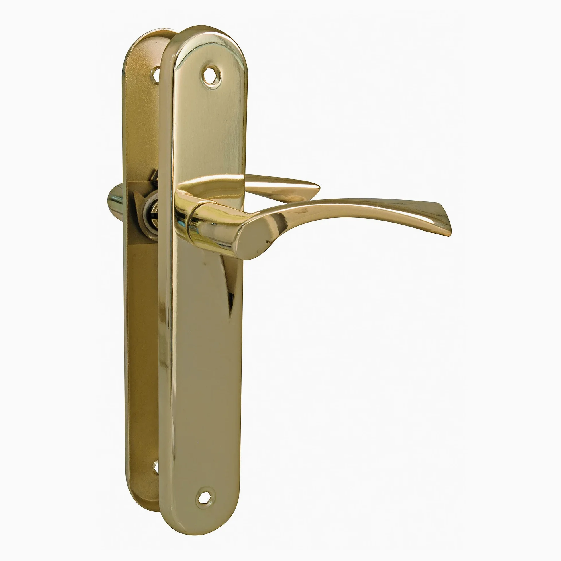 Amig - Juego de 2 Manillas de Placa Ovalada de Acero y Tirador de Zamak con Acabado Latonado Barnizado para Puertas de Paso de Interior - 237 x 40 mm · Manivela 120 mm - Incluye Tornillos