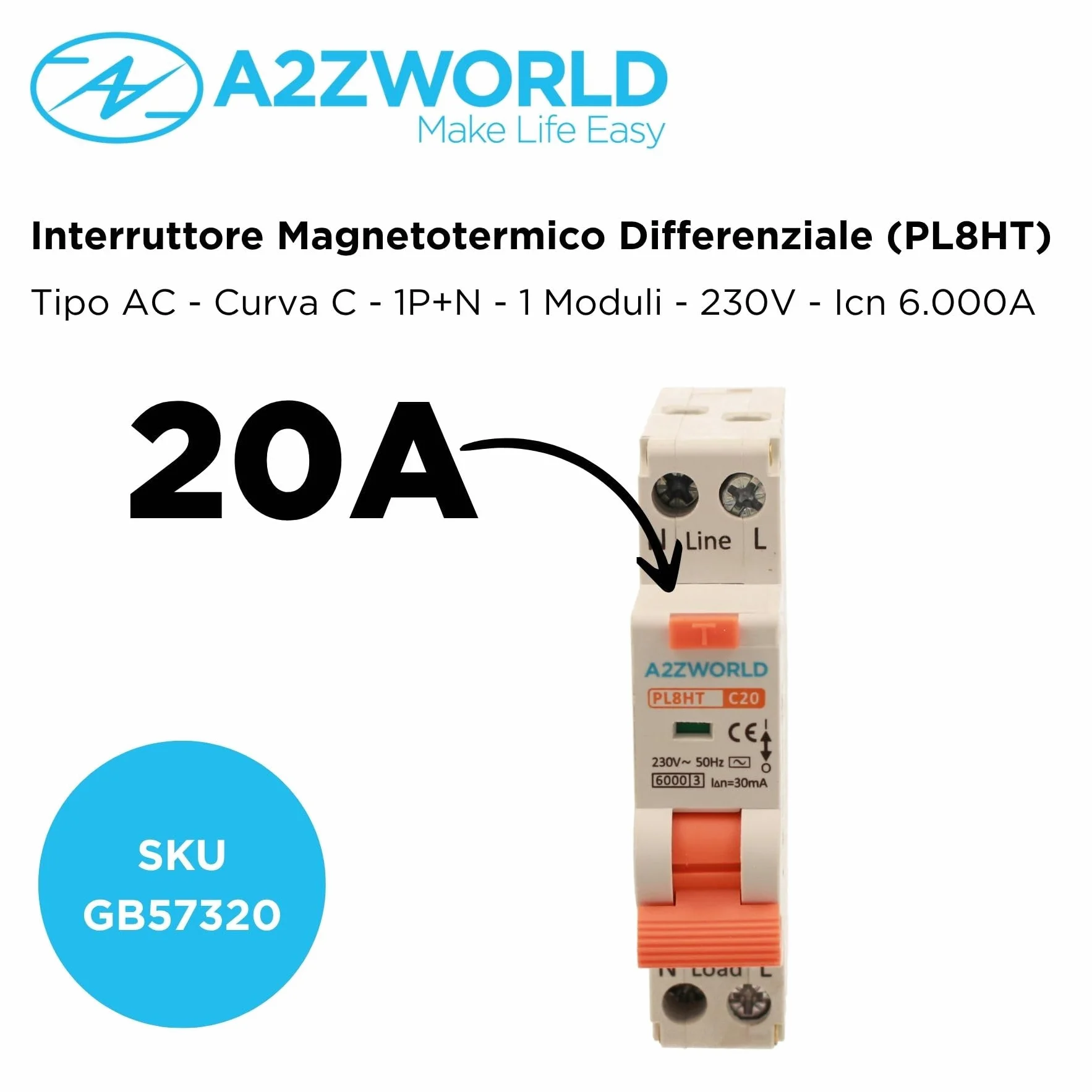 Interruptor magnetotérmico diferencial, 1P+N Tipo AC Curva C 220V, Ocupa 1 módulo DIN, RCBO 1P+N 6kA 30mA C20 20A