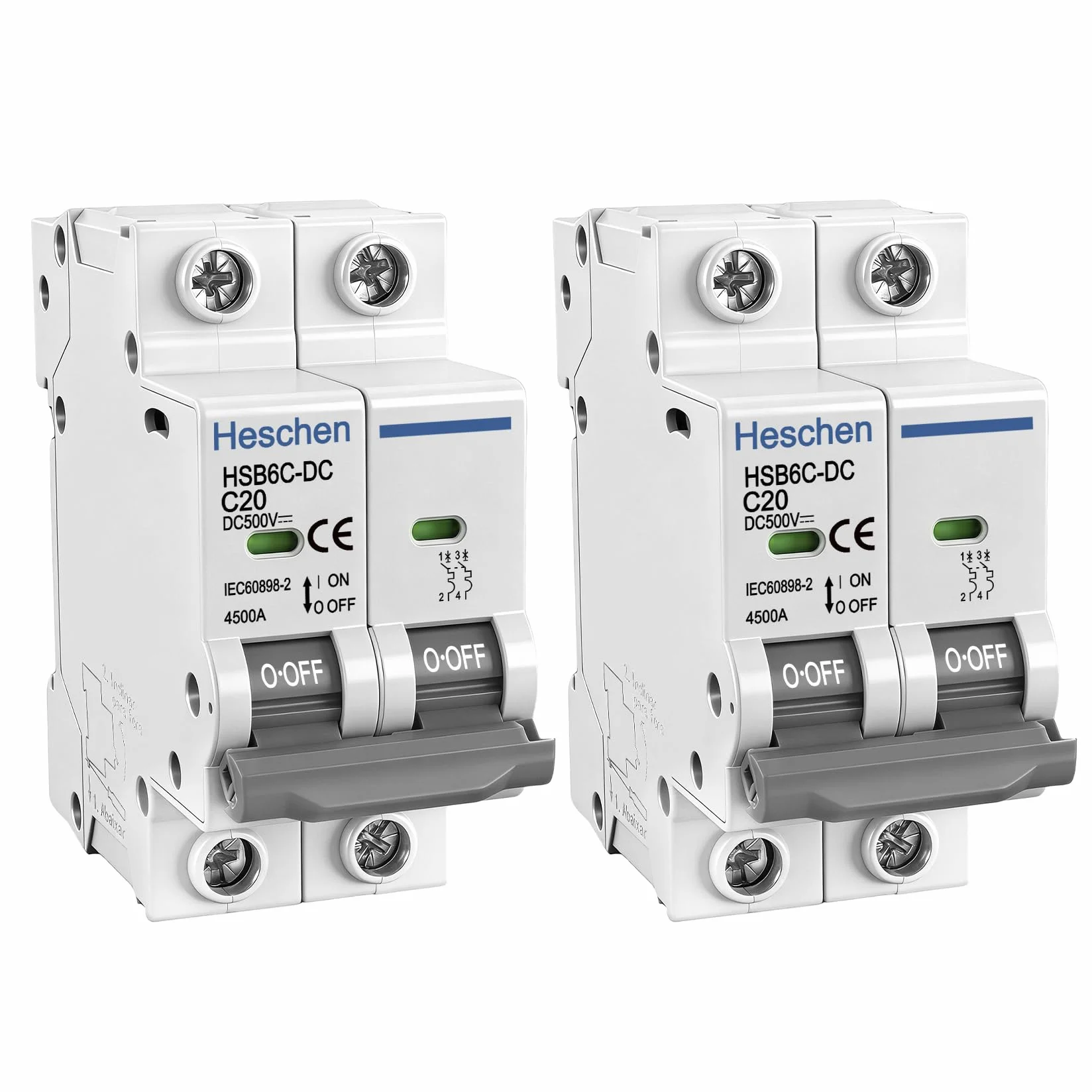 Heschen 2 unidades Disyuntor en miniatura DC, HSB6C-DC, 2 polos, DC500V 20A, disyuntor fotovoltaico, para sistema de paneles solares de PVC, sistema de rejilla, montaje en carril DIN de 35mm (20A)