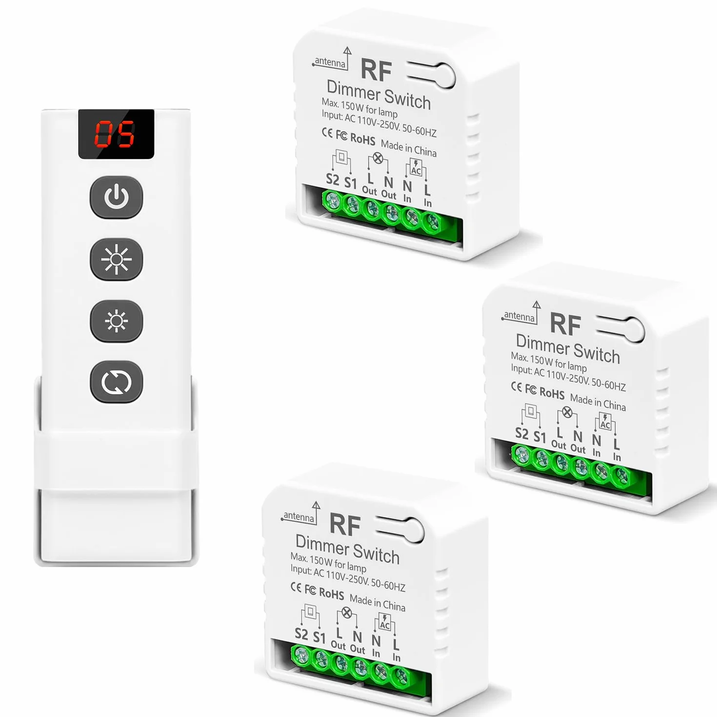 Interruptor De Luz Atenuador Inalambrico Con Controles Remotos, Tedeligo AC220V Control De Interruptor Regulable Para 10-150W LED Y Halógeno, Compatible Con Interruptores Atenuación (No necesita WIFI)