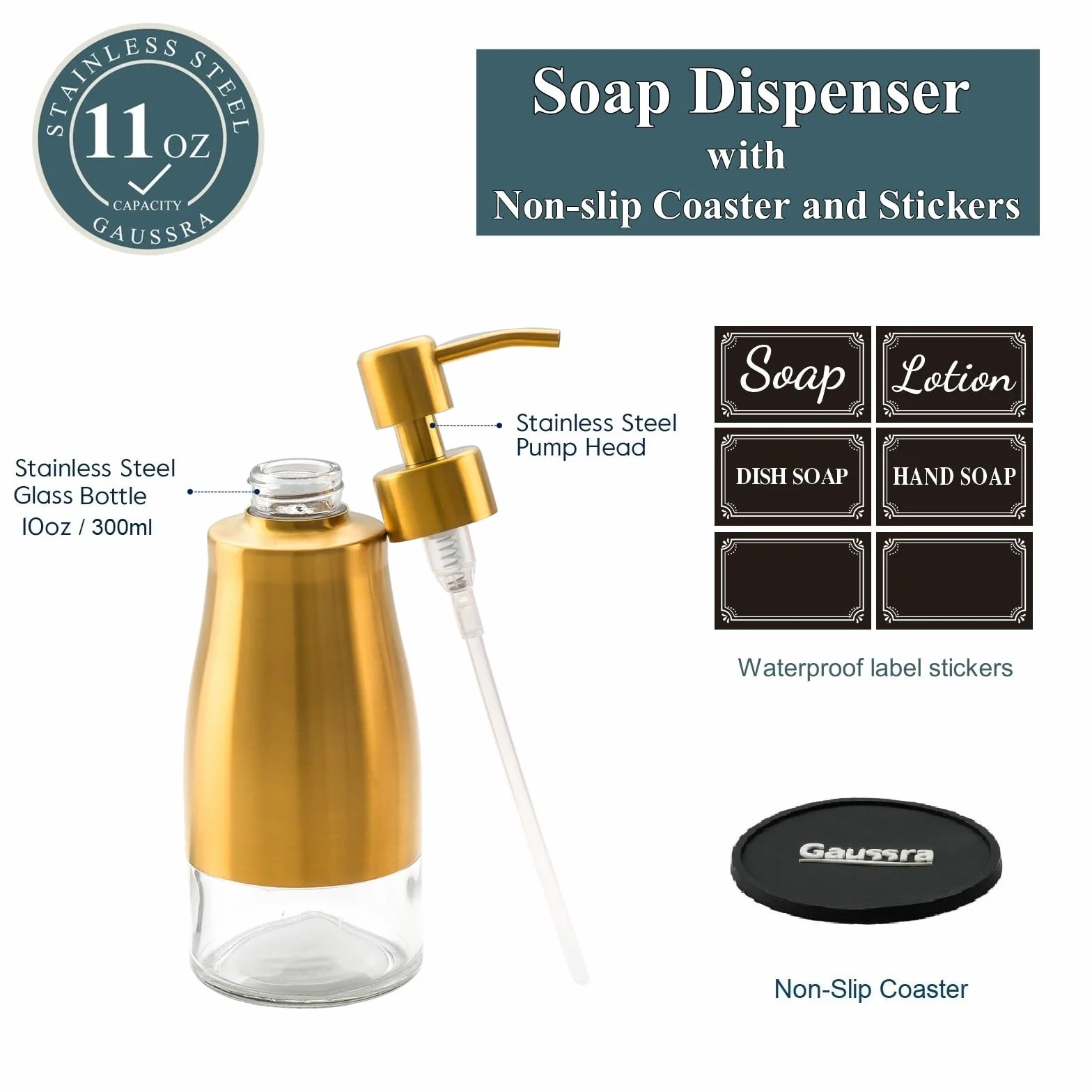 Gaussra Dispensador de jabón con posavasos y calcomanías, dispensador de bomba de mano de vidrio de acero inoxidable dorado cepillado, botella antioxidante, para botella de detergente de cocina y baño