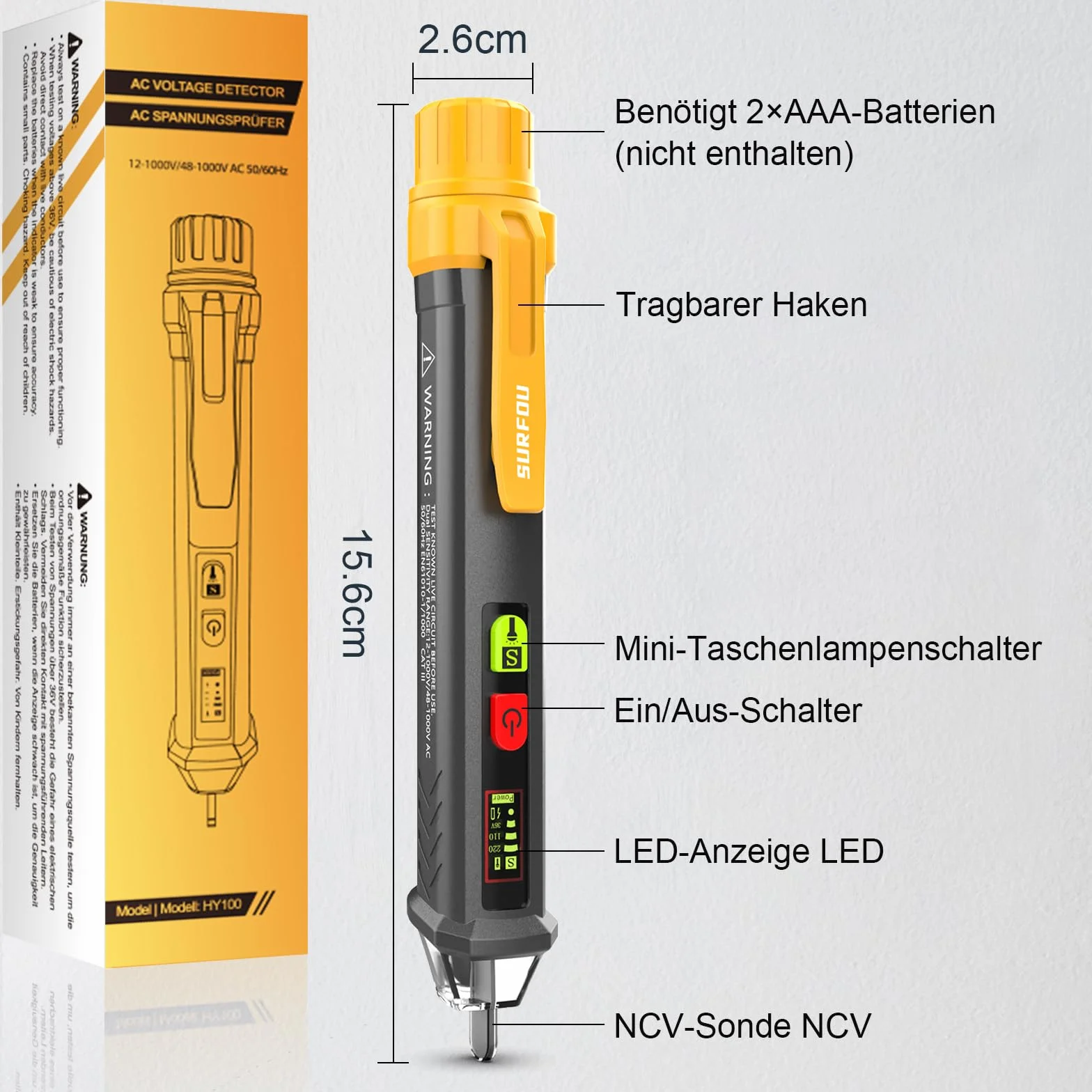 SURFOU Detector de Voltaje sin Contacto AC 12V-1000V NCV Linterna LED Alarma Sonora para Electricistas