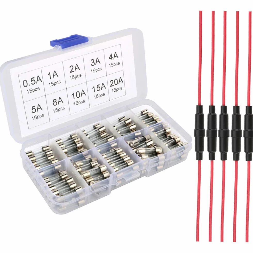 Gebildet 5x20mm AGC Inline Portafusibles 250V 20A 16 AWG Alambre con 150pcs Fusibles de Tubo de Vidrio Rápido Soplo