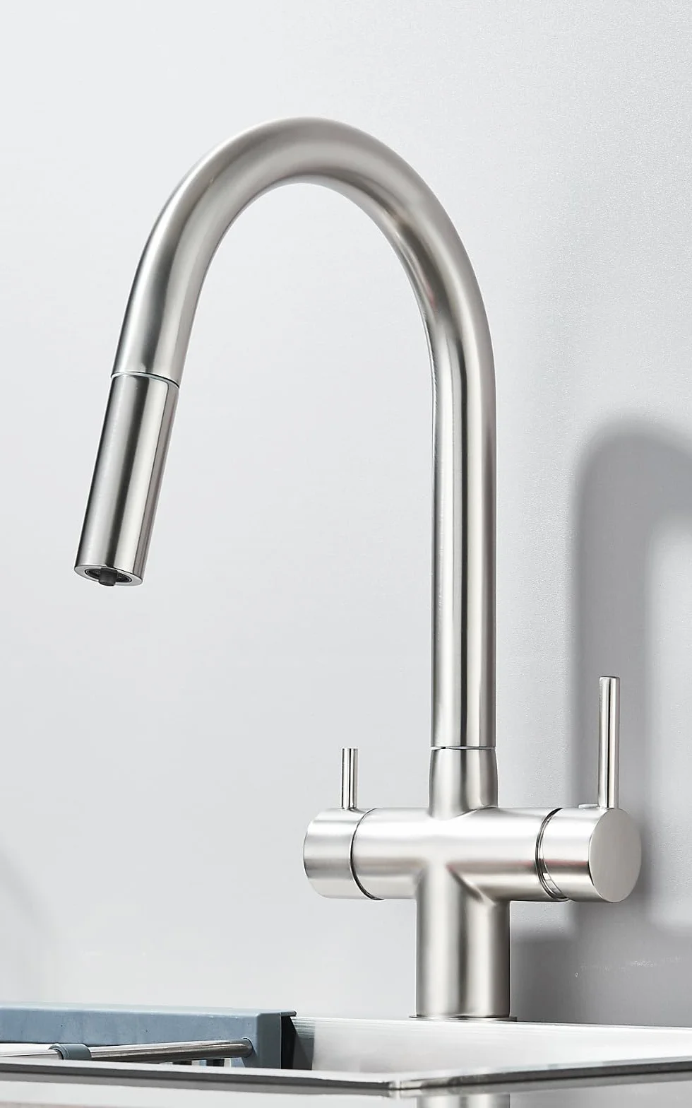 Grifo de cocina de 3 vías Slender con ducha extraíble, caño giratorio 360°, conexión para filtro de agua, acero inoxidable