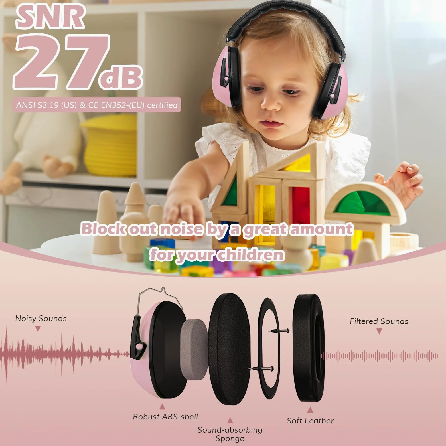 Procase Casco Antiruido para Niño, Protección Auditiva SNR 27dB con Diadema Ajustable, Protector Oído Profesional Cancelación de Ruido Insonorizacion para Estudiar para Bebé Nené Infante