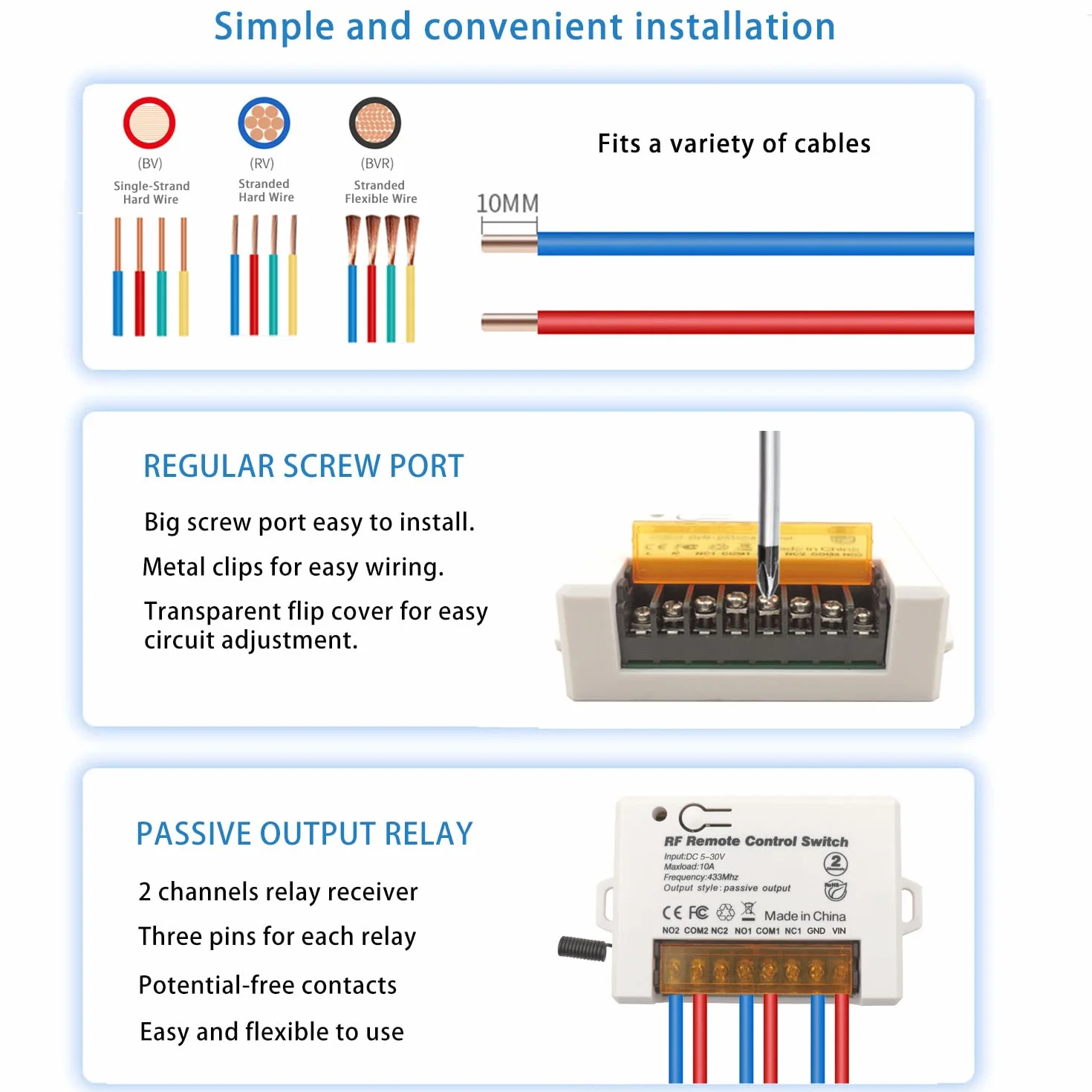 DieseRC Interruptor de mando a distancia de Relé Inalámbrico de 2 Canales 433MHz RF DC 5V 12V 24V 30V 10A Receptor de relé con 2 Control Remoto Transmisores, Terminal Grande Cableado Fácil