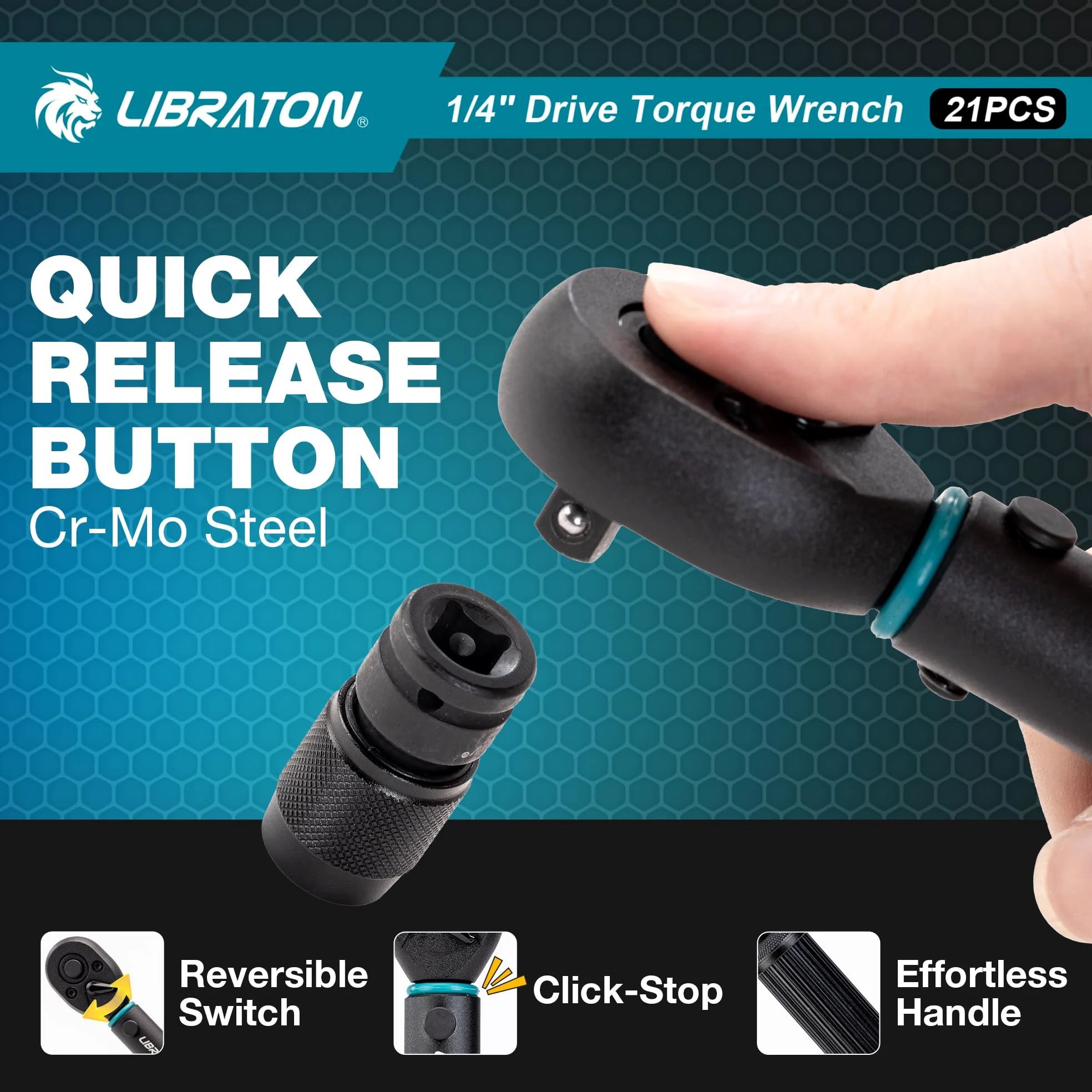 LIBRATON Llave Dinamométrica 1/4", 2-14 Nm Llave Dinamometrica Bicicleta, 72 Dientes, Micro Click de 0,1 Nm, Puntas Hex y Torx, Destornilladores de Tuercas, Adaptadores de Cuadrada a 1/4" Hex