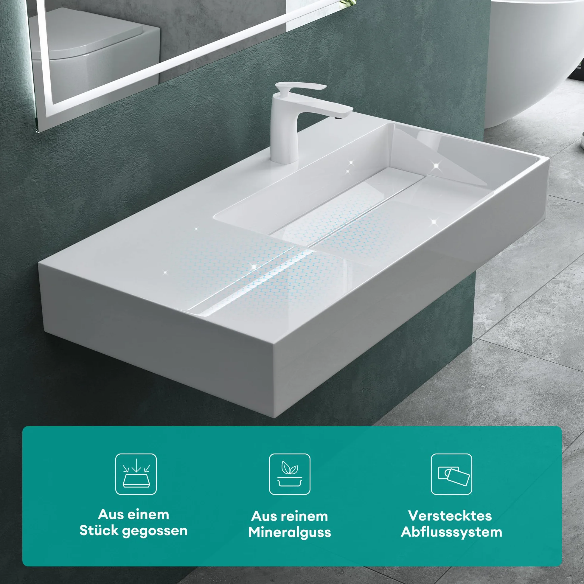 Mai & Mai Lavabo sobre Encimera Lavabo Derecho Suspendido Baño | Rectangular | Blanco Brillante | Mármol Fundido | 75x43x14cm | 1 Orificio para Grifo sin Rebosadero | Colossum12