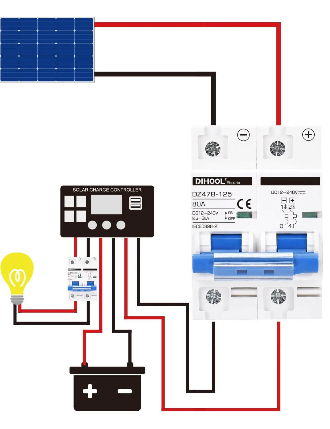 Disyuntor DC dz47 2P 80Amp 12V 24V 36V 48V DC MCB protección contra cortocircuitos aislador de interruptor de desconexión para panel solar batería UPS inversor fotovoltaico sistema fotovoltaico