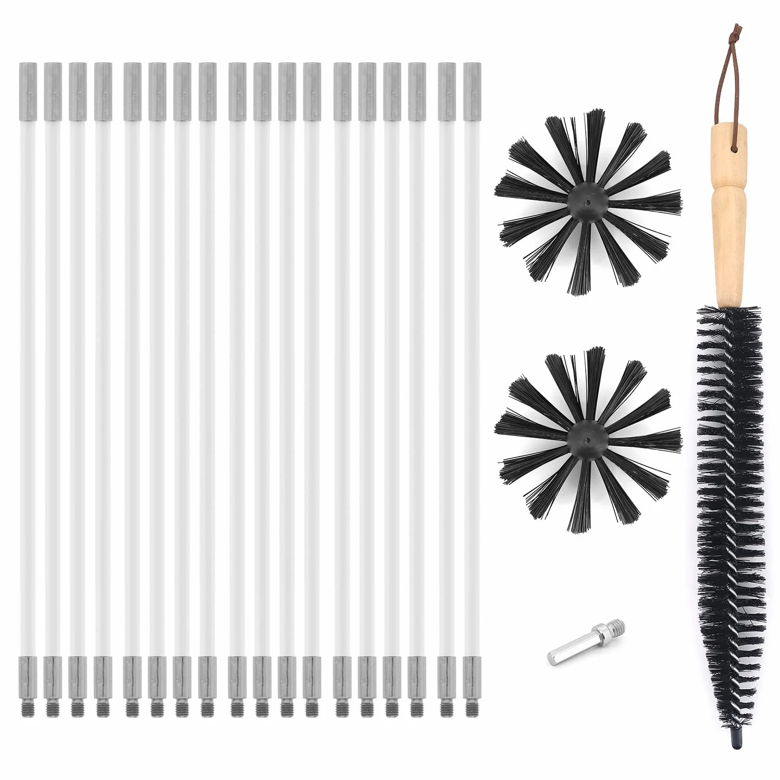 22 Pcs Cepillo Limpieza Chimenea con Varillas, Cabezales Cepillo, Conector, Cepillo Largo, Kit Deshollinador para Chimenea Secadora