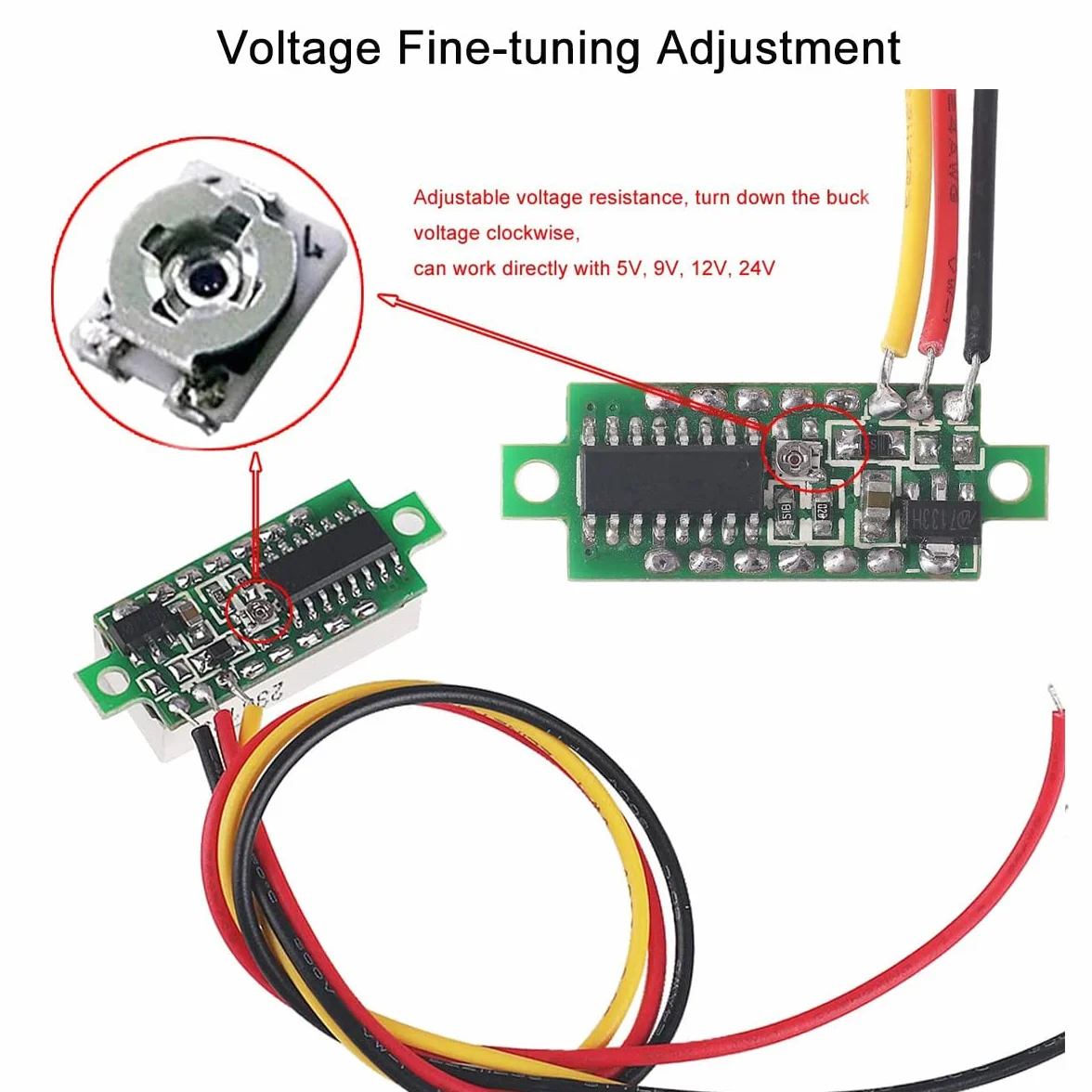 Greluma 5 piezas Mini voltímetro digital DC 0.28" tres hilos 0V-100V - 5 colores