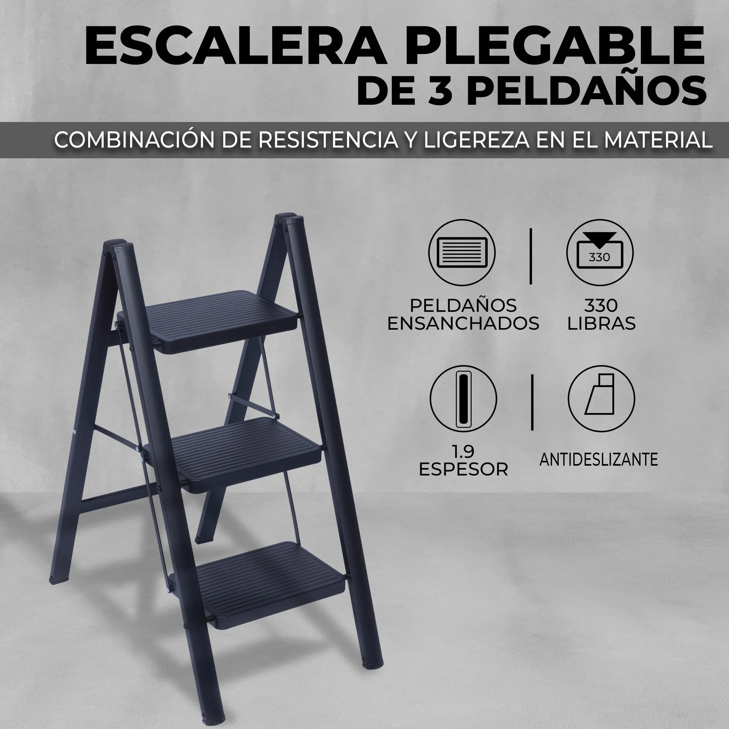 UZIRO Escalera Plegable 3 Peldaños, Escaleras Decorativa, Peldaños Anchos Antideslizantes, Ideal para Uso en Hogar, Cocina y Oficina, Fácil de Guardar y Transportar, Resistente (Negro, 3 Peldaños)