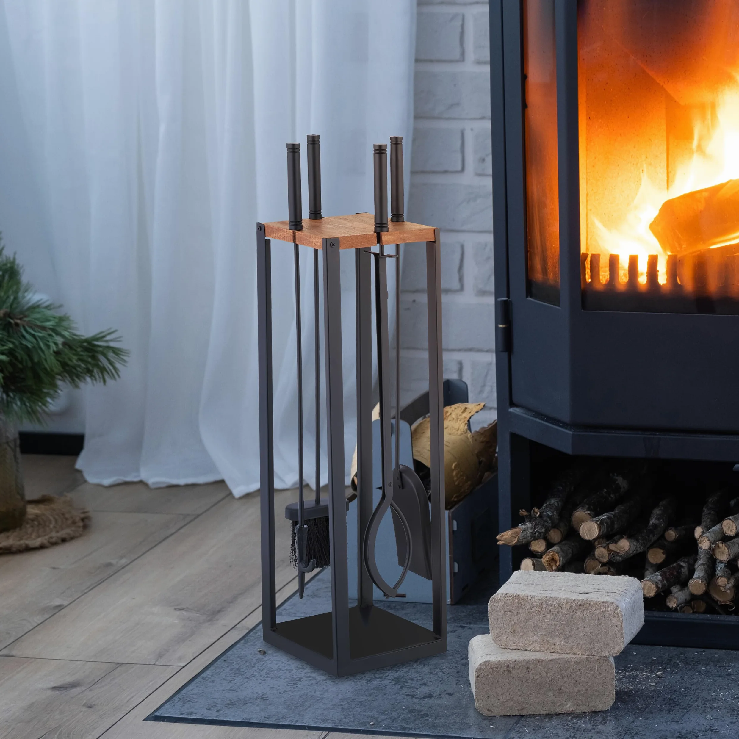 Relaxdays Accesorios Chimenea 5 Piezas, Juego de Estufa con Atizador, Pinzas, Escoba, Pala y Soporte, Negro/Marrón
