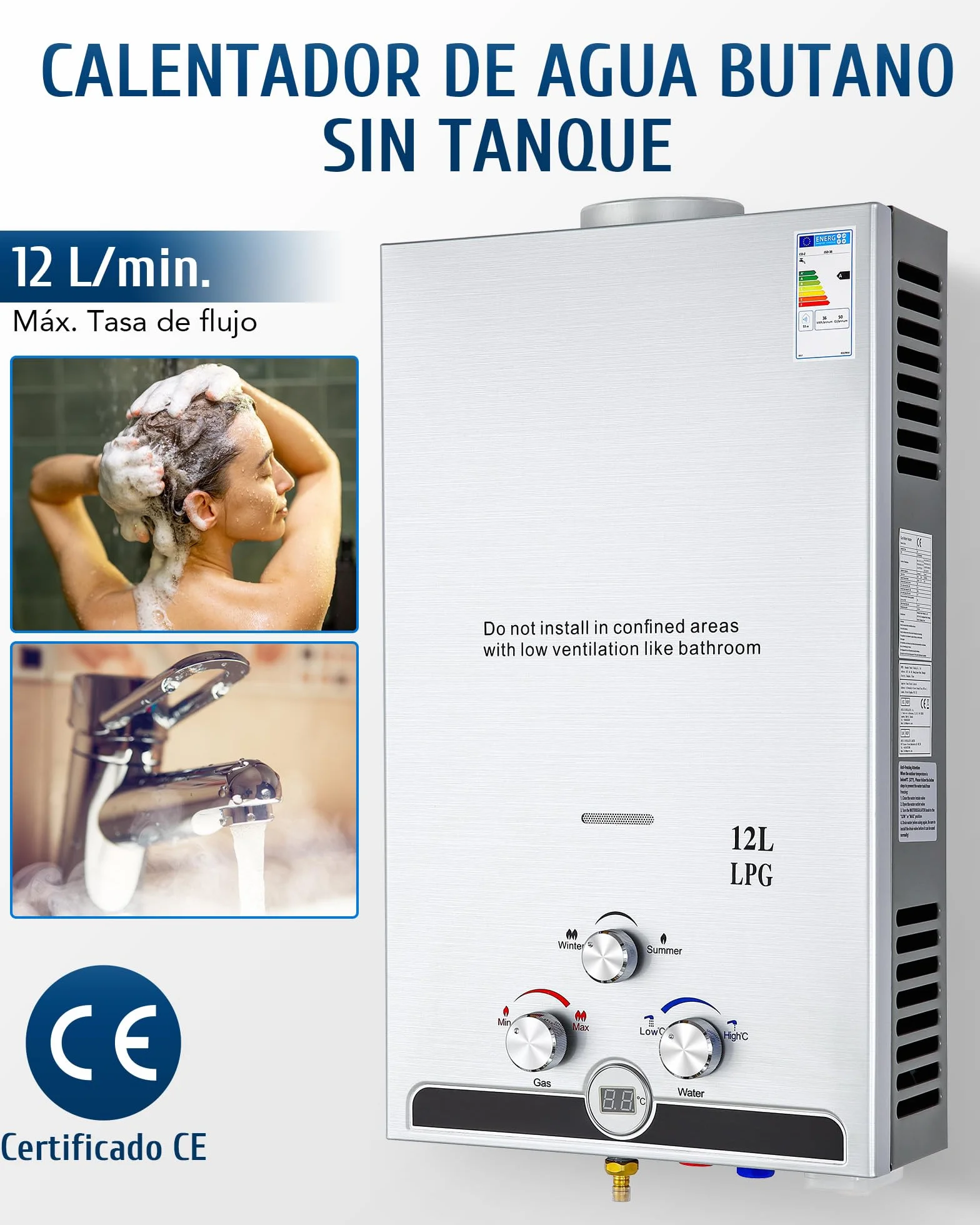 CO-Z Calentador de Agua Butano 12 L/Min, Gas LPG sin Tanque, Certificado CE