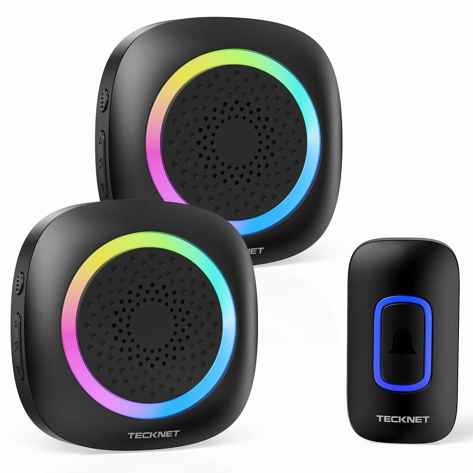 TECKNET Timbre Inalambrico Exterior, RGB Timbre Inalámbrico Exterior Impermeable IP66 con 2 Receptores, 400M Alcance, 5 Niveles de Volumen y 60 Melodías, Doorbell al Estilo de la Batería, Portátil
