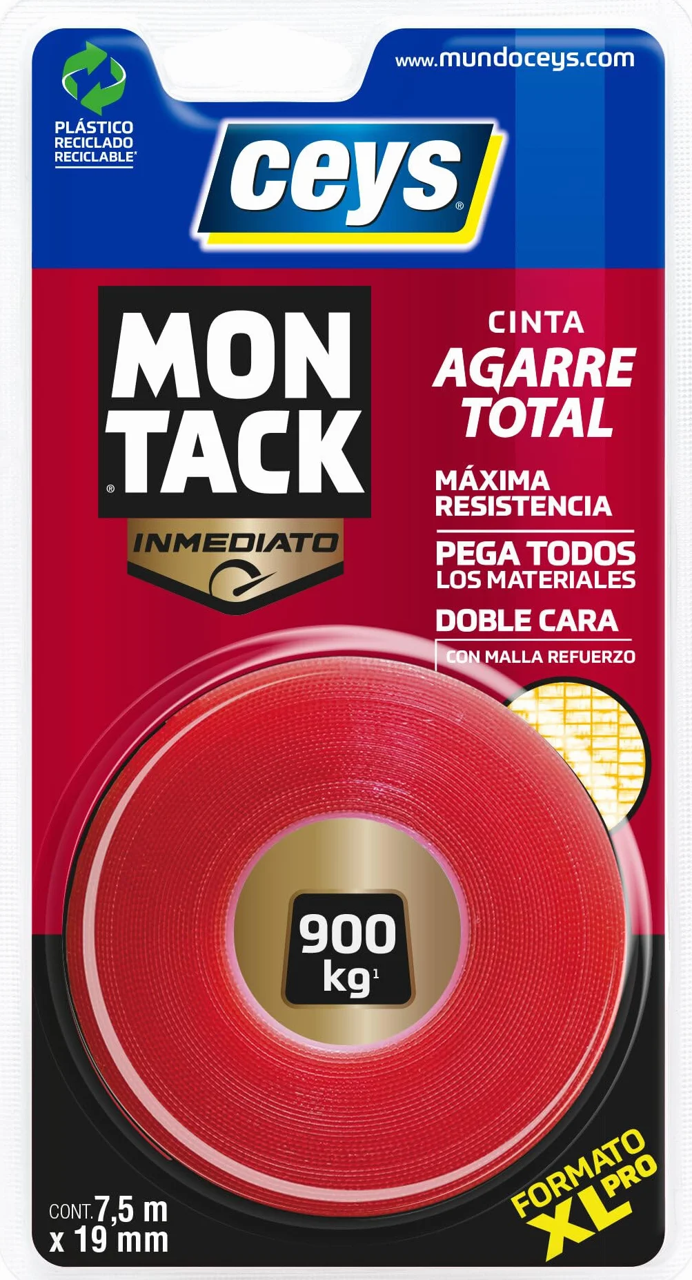 ceys - Montack Cinta de Montaje de Agarre Total Inmediato - Doble Cara con Malla de Refuerzo, Extra Fuerte para Todo Tipo de Materiales e Interior/Exterior - 7,5m x 19mm