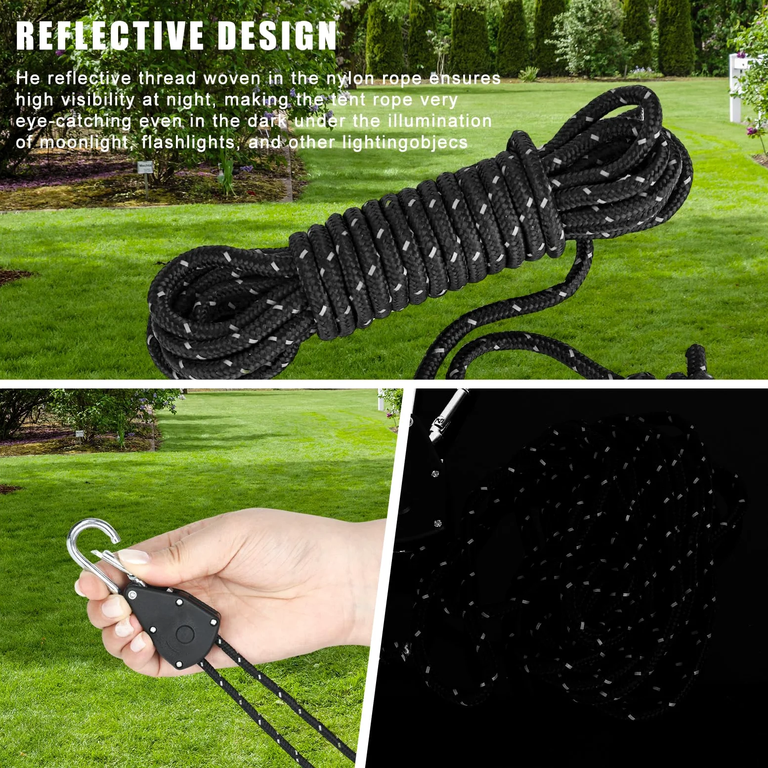 8 ganchos de trinquete, cuerdas tensoras de 4 m con tensor de cuerda, carraca resistente de 1/8 pulgadas para plantas, ventilador, luz, plantas de interior (negro)