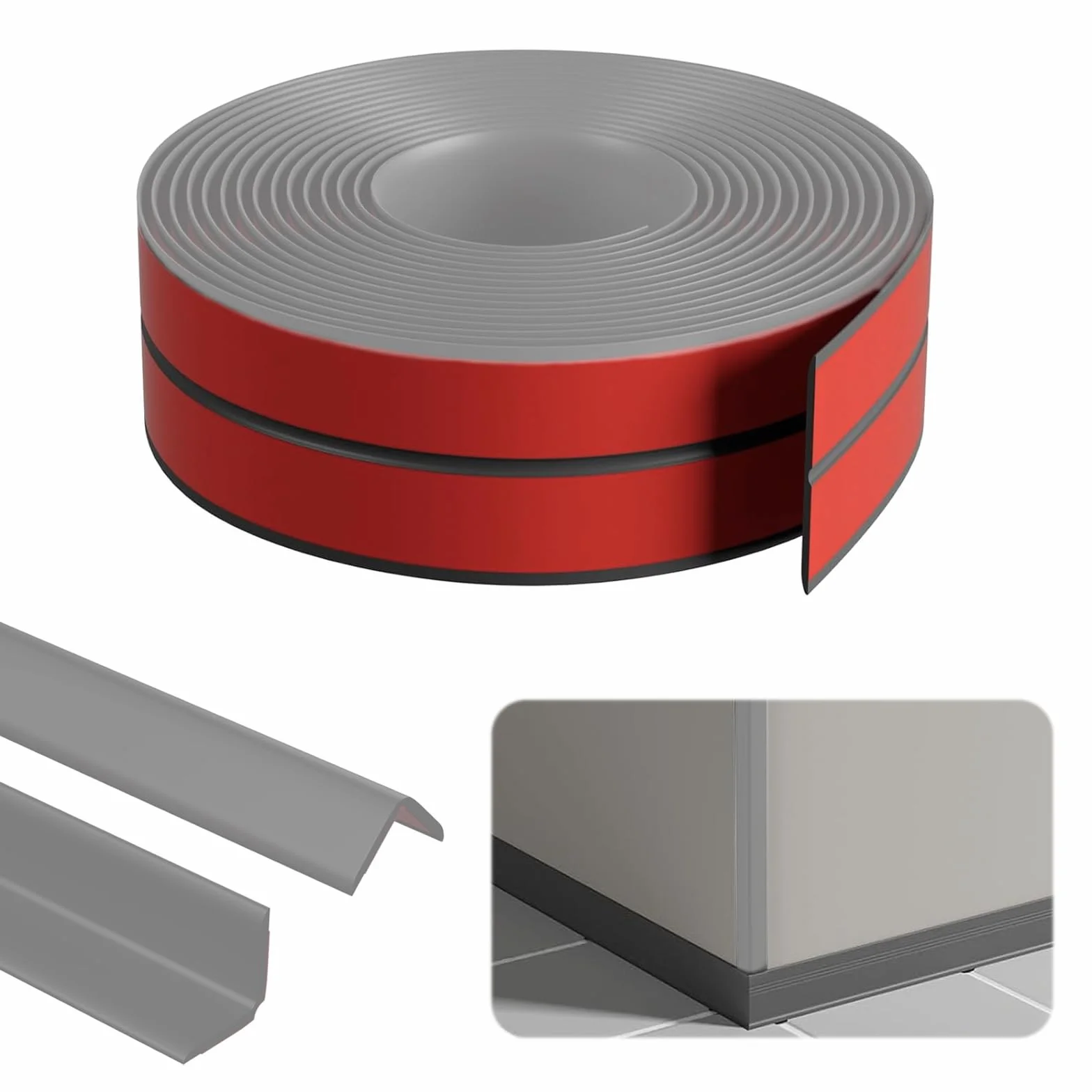 Listones de pared autoadhesivos, 2 cm x 2 cm x 12 m, listón de esquina autoadhesivo, PVC flexible de zócalo suave gris, protección de bordes autoadhesiva, listón de ángulo flexible autoadhesivo para