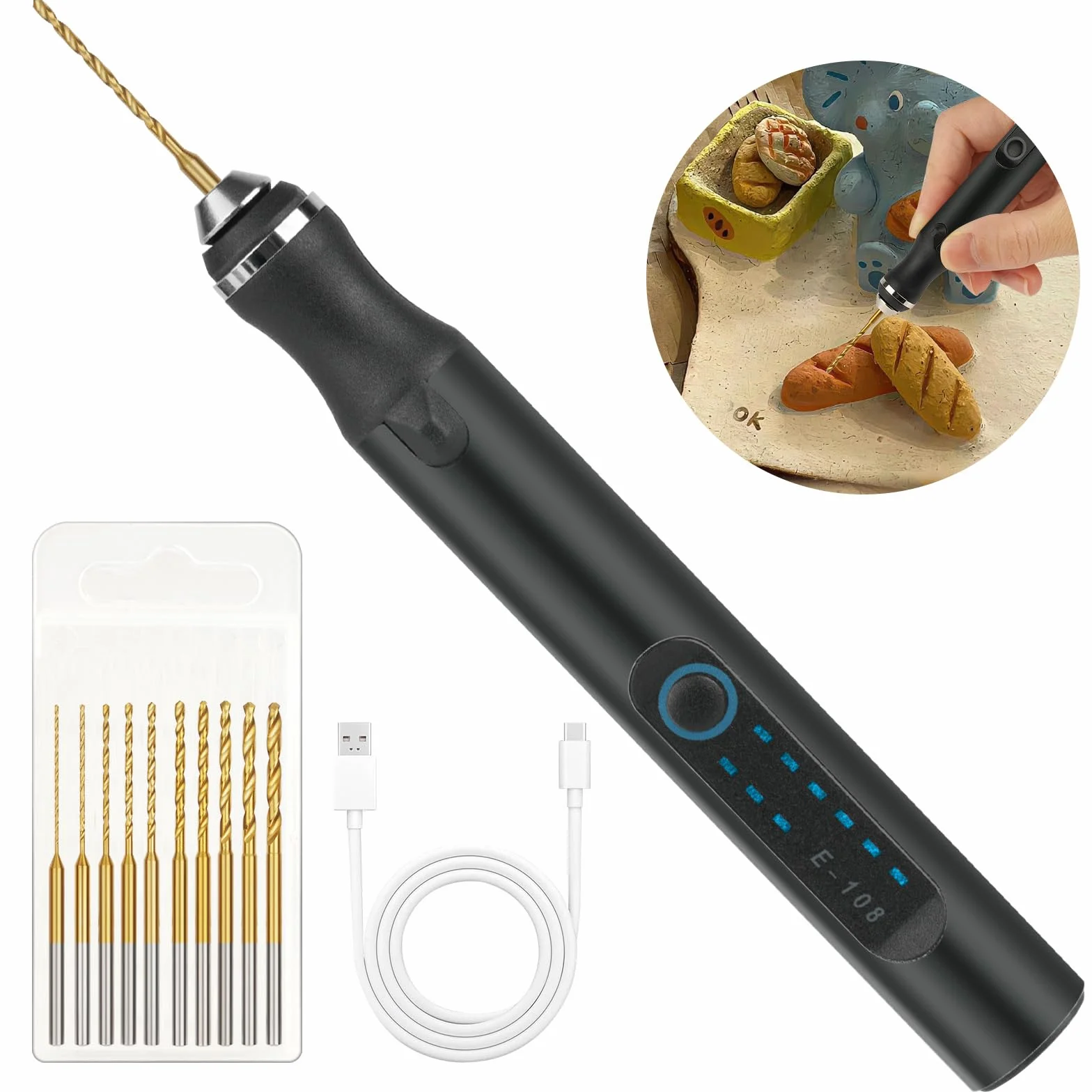 Ainiv 3 Velocidades Mini Amoladora Taladro Eléctrica, con 10 Brocas Pequeñas Carga USB Mini Taladro, Microtaladro para Llaveros de Plástico, Resina y Madera, Fabricación de Joyas (Negro)