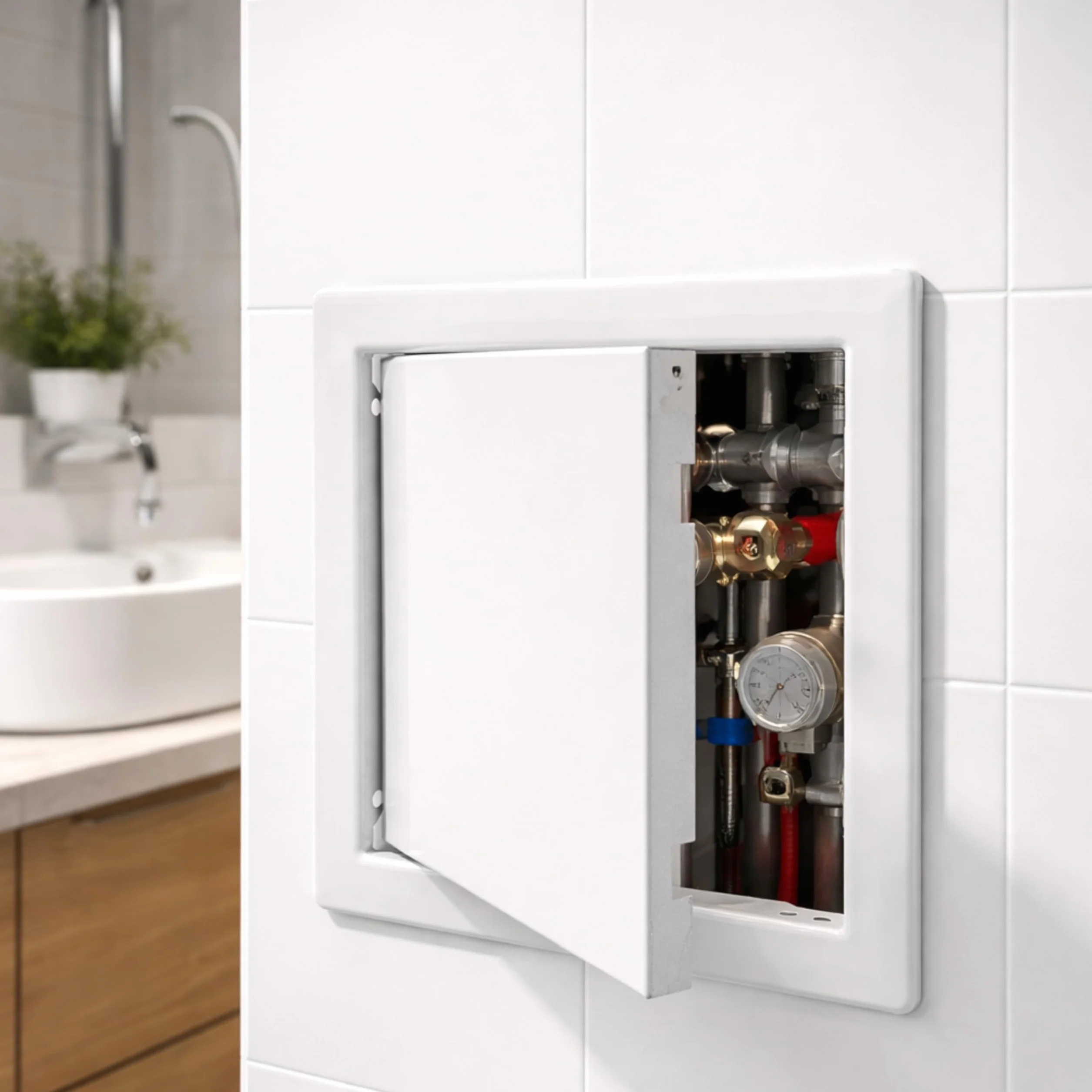 Tapa de revisión de 20 x 20 cm con cierre a presión, puerta de revisión, 200 x 200 mm, sistema de empujar para abrir, acero recubierto de blanco