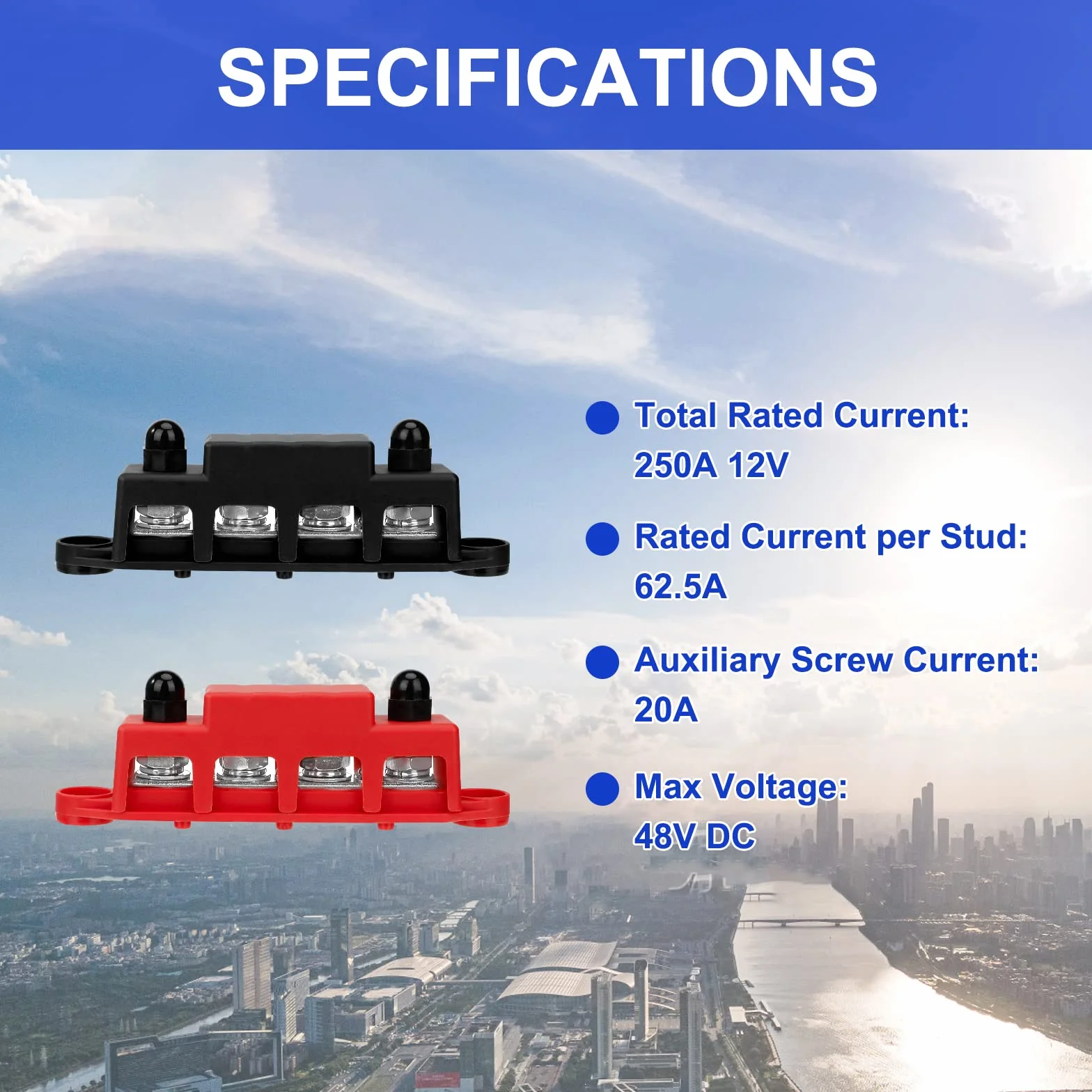 QIMEI-SHOP Bloques de Distribución de Energía 12V-48V Caja de Distribución de Barra Colectora 250A BusBar con 4 Pernos de Terminal M10 para Automóvile Barco Rojo Negro 2 Piezas