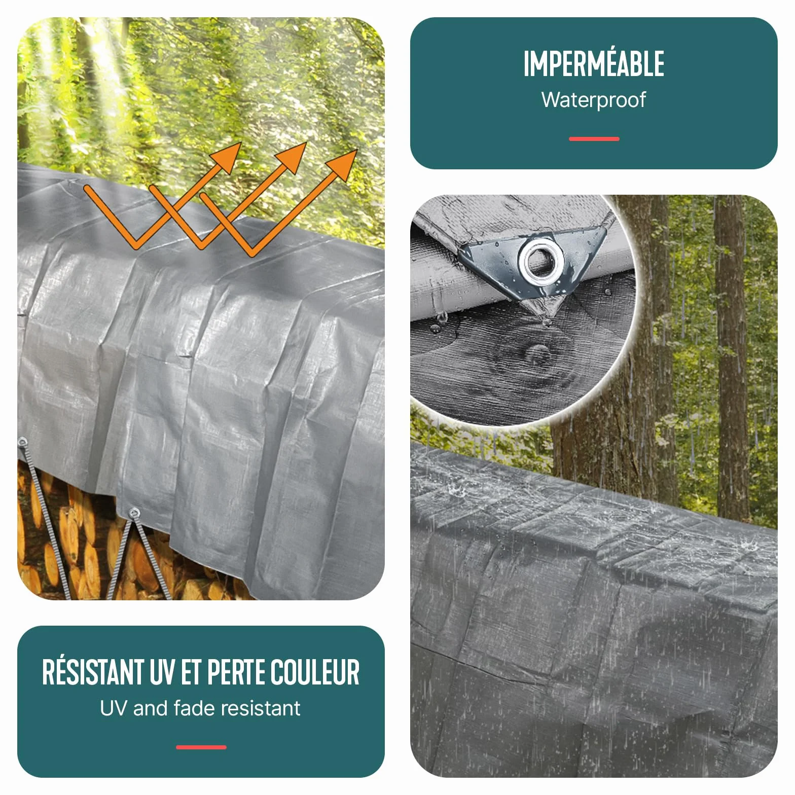 VOUNOT® Lona Impermeable Exterior 3x4m, Toldo Reforzado PE 180 g/m² Protección UV, Ojales Acero Inoxidable, Gris-Negro