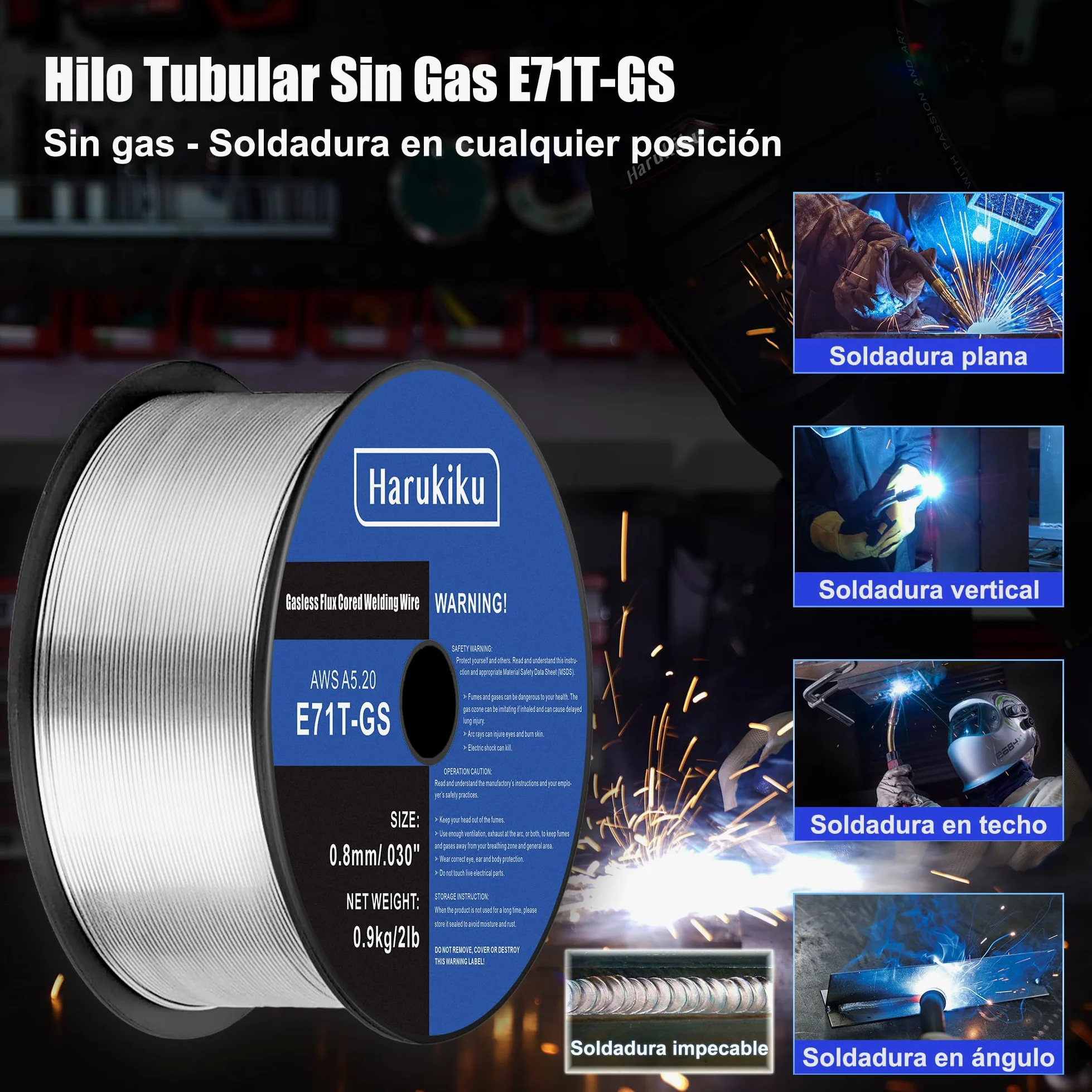 Hilo Tubular Sin Gas 0,8mm Peso neto: 0,9 kg - Carrete E71T-GS para Máquina Soldadura MIG, Soldadura Semiautomática Multiusos (Acero Dulce) 1 Unidad