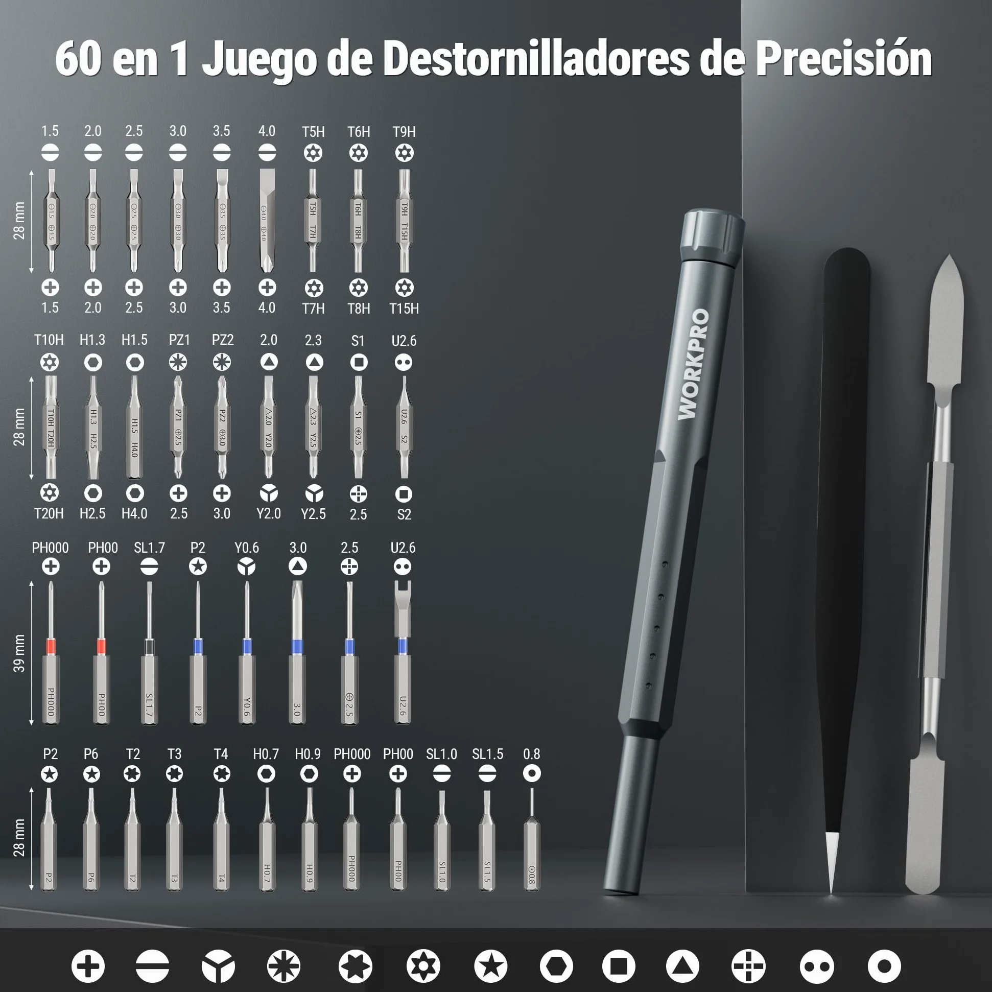 WORKPRO Destornilladores Precisión 60 en 1, Puntas Magnéticas CR-V | Estuche Compacto de Aluminio con Mango Giratorio para Reparar Electrónica, Gafas, Relojes y Móviles