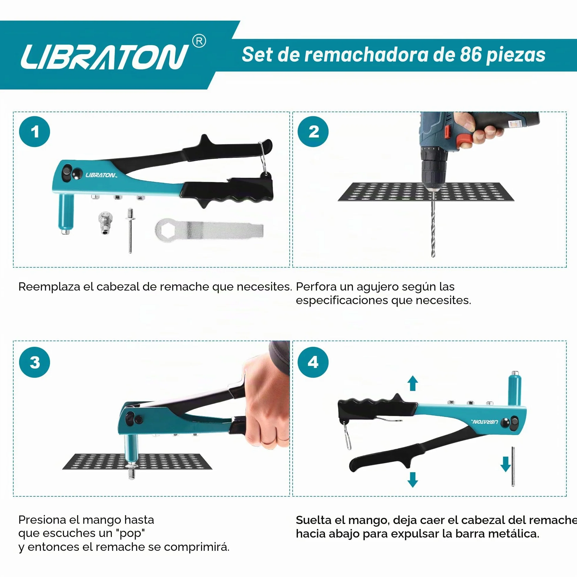 Remachadora Manual 80 Piezas, Pistola de Remaches con 4 Tamaños HSS Brocas, Herramienta Profesional