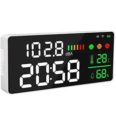 Medidor de Nivel de Sonido LED de 11 Pulgadas con Reloj de Humedad Temporal-2,4G WIFI Tuya APP Medidor de Decibelios para DB, Medidor de Nivel de Humedad Temporal, Medidor de